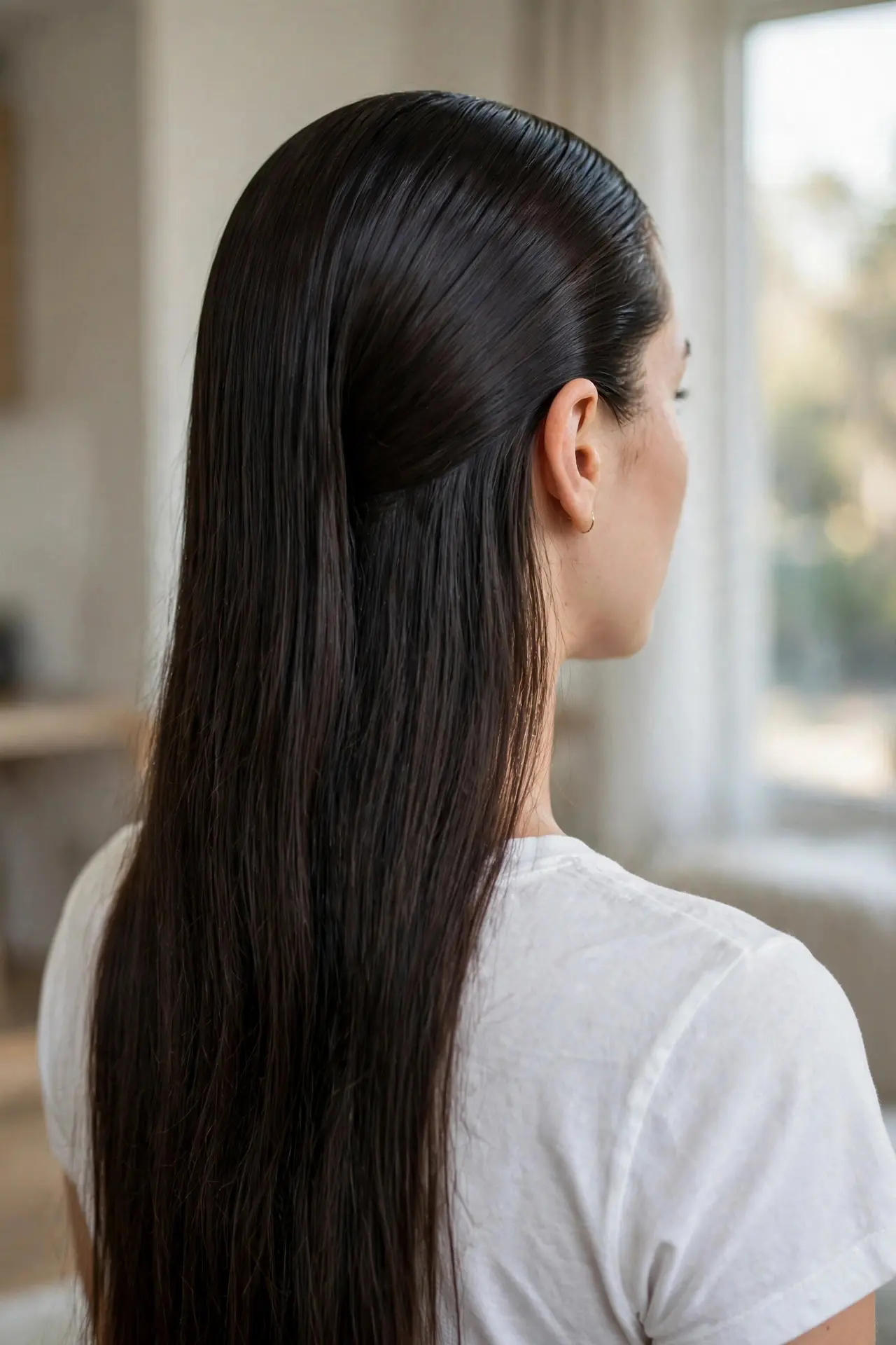 Side back view of long dark hair worn down with the crown combed flat and glassy smooth