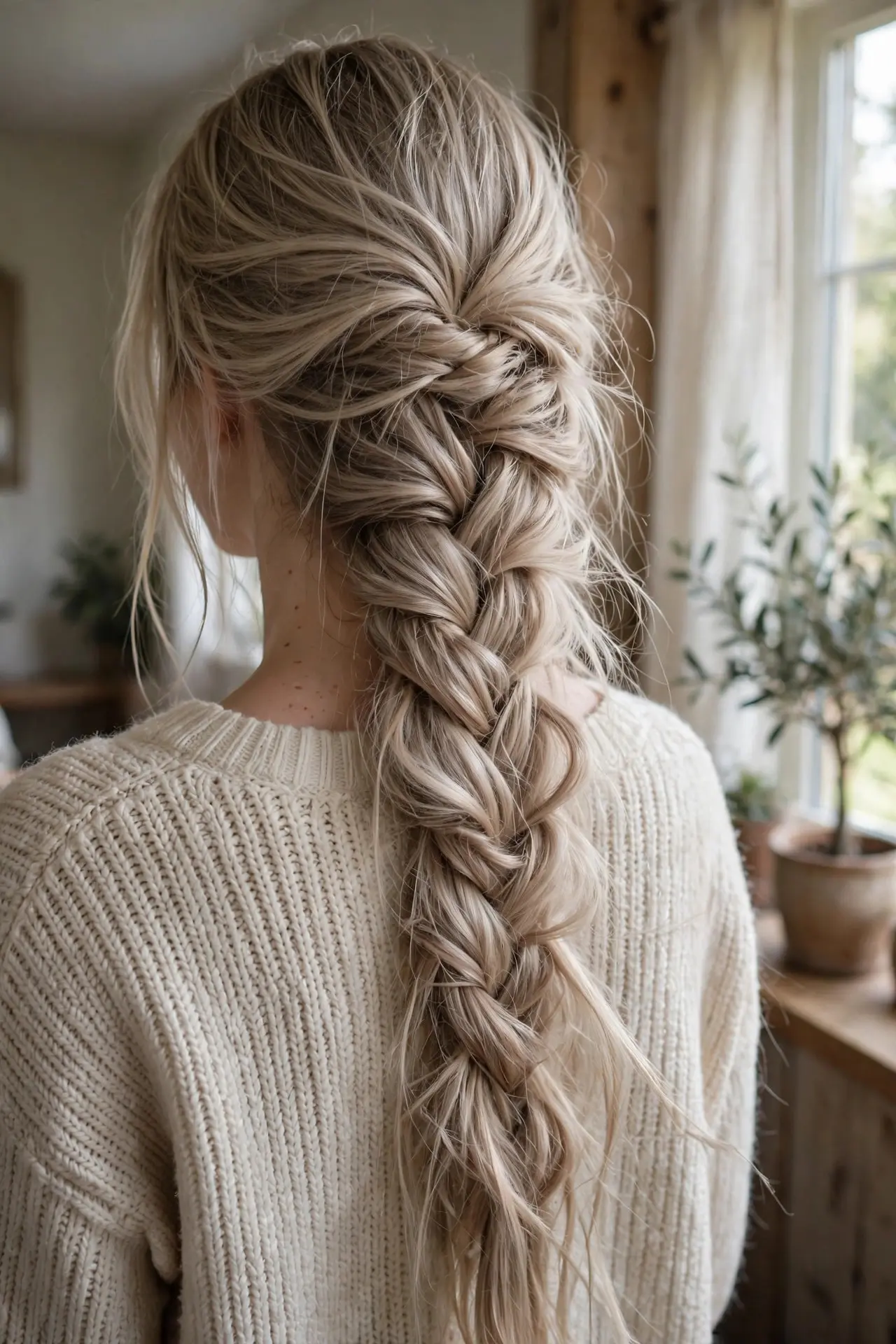 Back view of a loose wide fishtail braid with pulled softened texture in ash blonde hair