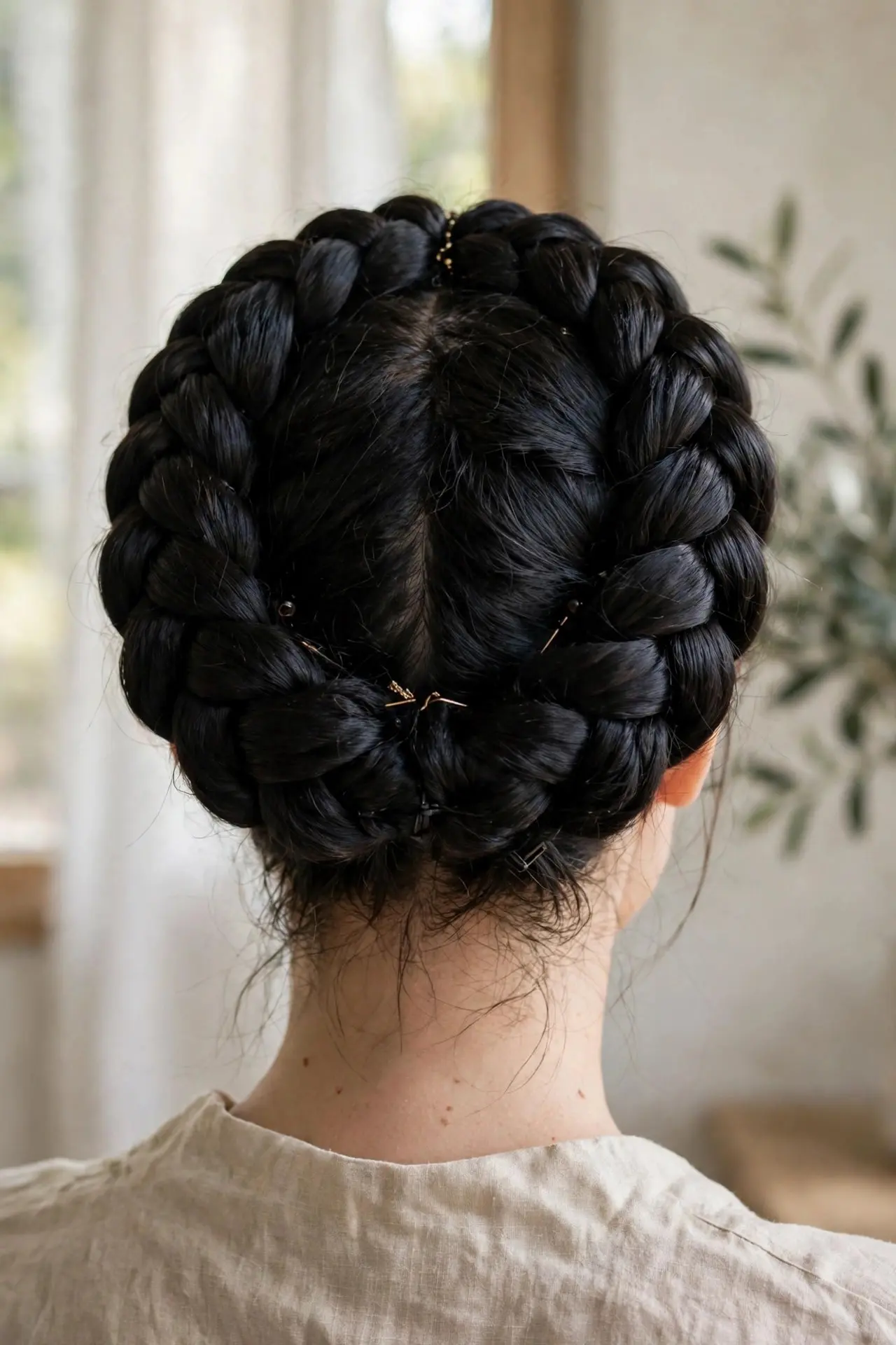 Back view of a bold double crown braid with two thick braids wrapping around the head in black hair