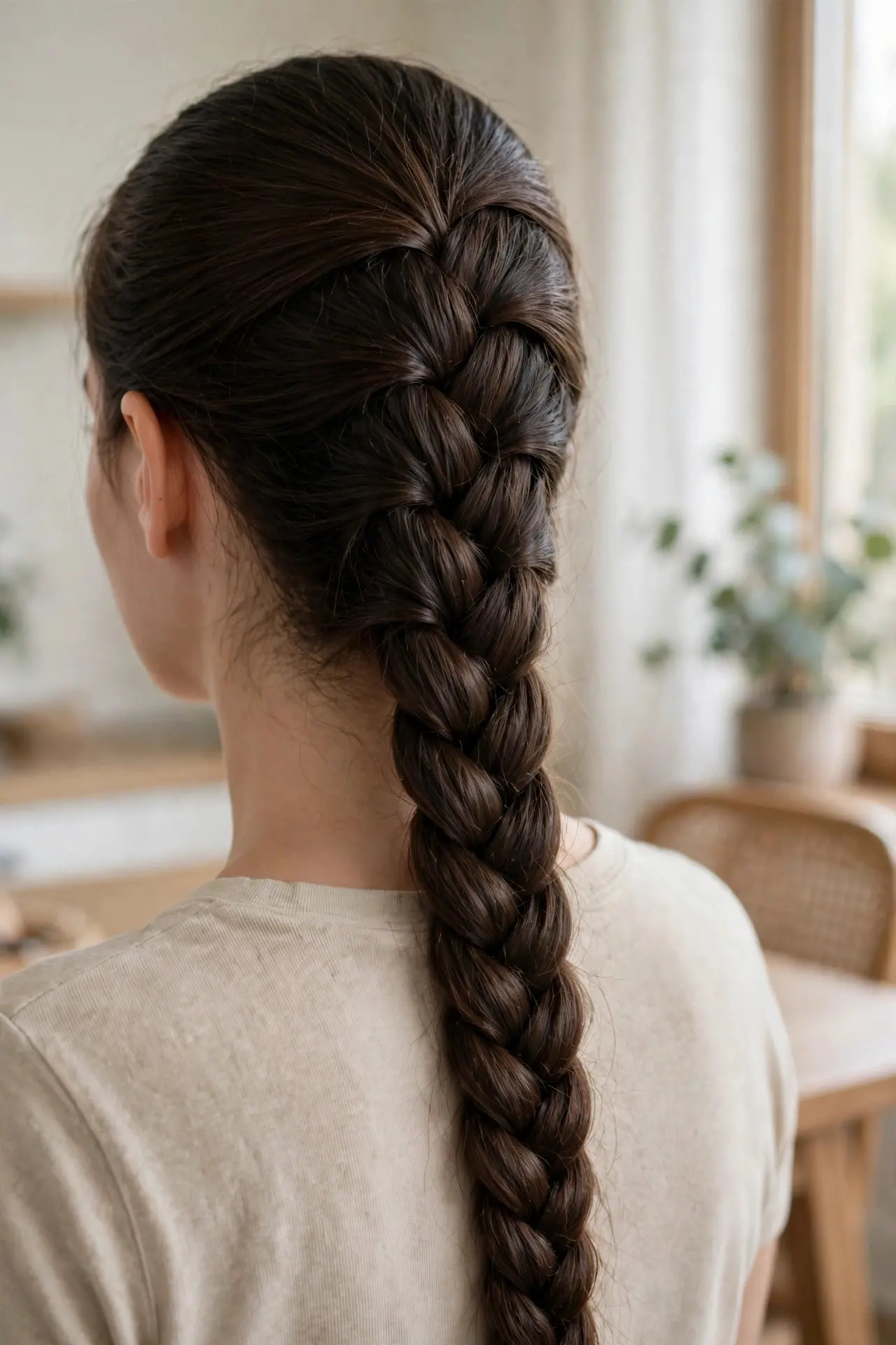 Back view of a single classic French braid woven down the center back in long dark brown hair