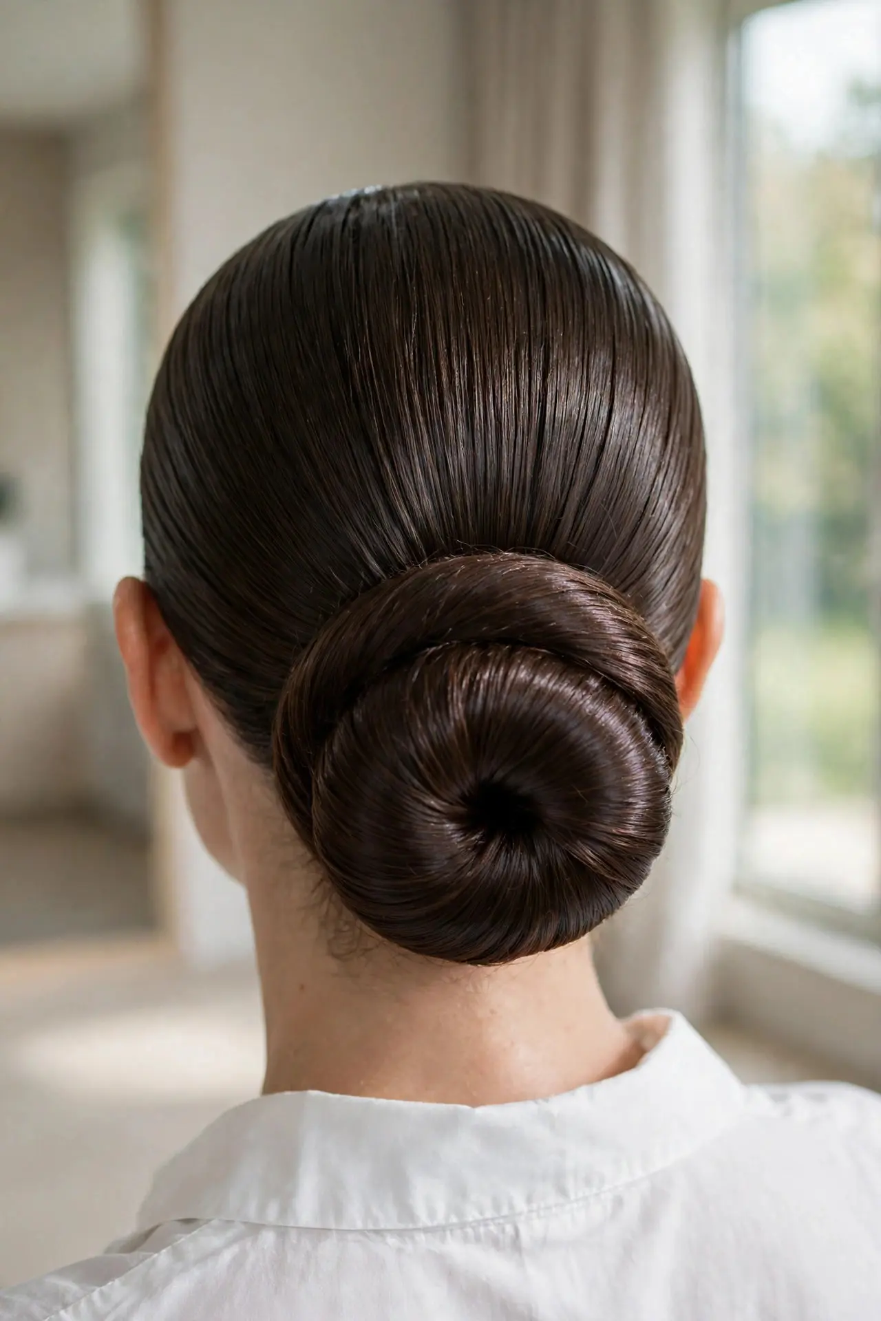 Back view of a tight sleek bun with smoothed gel-shine hair in dark brunette hair