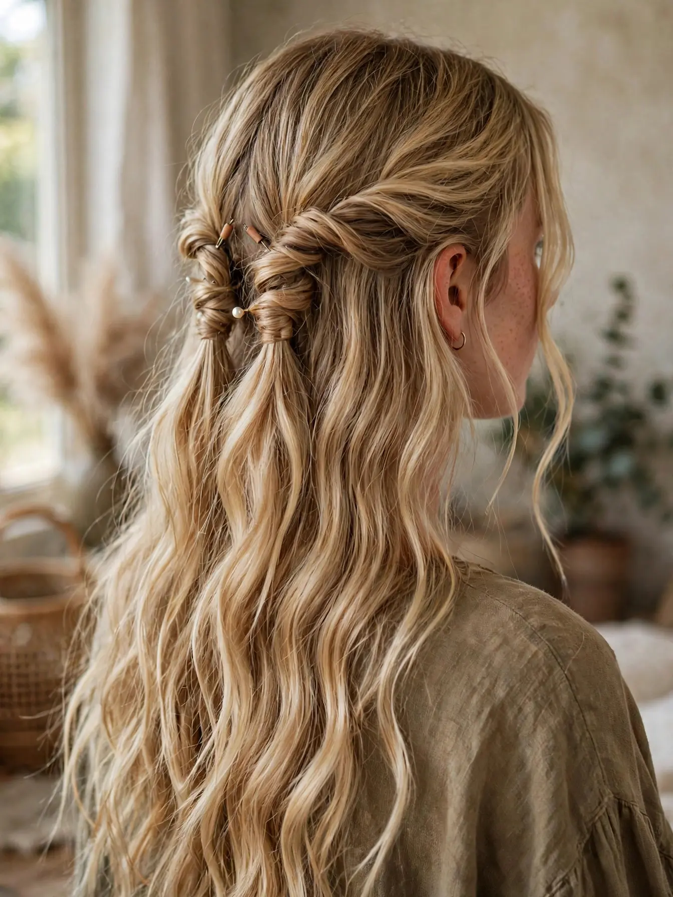 Back view of long wavy blonde hair with small twists on each side pinned at the back