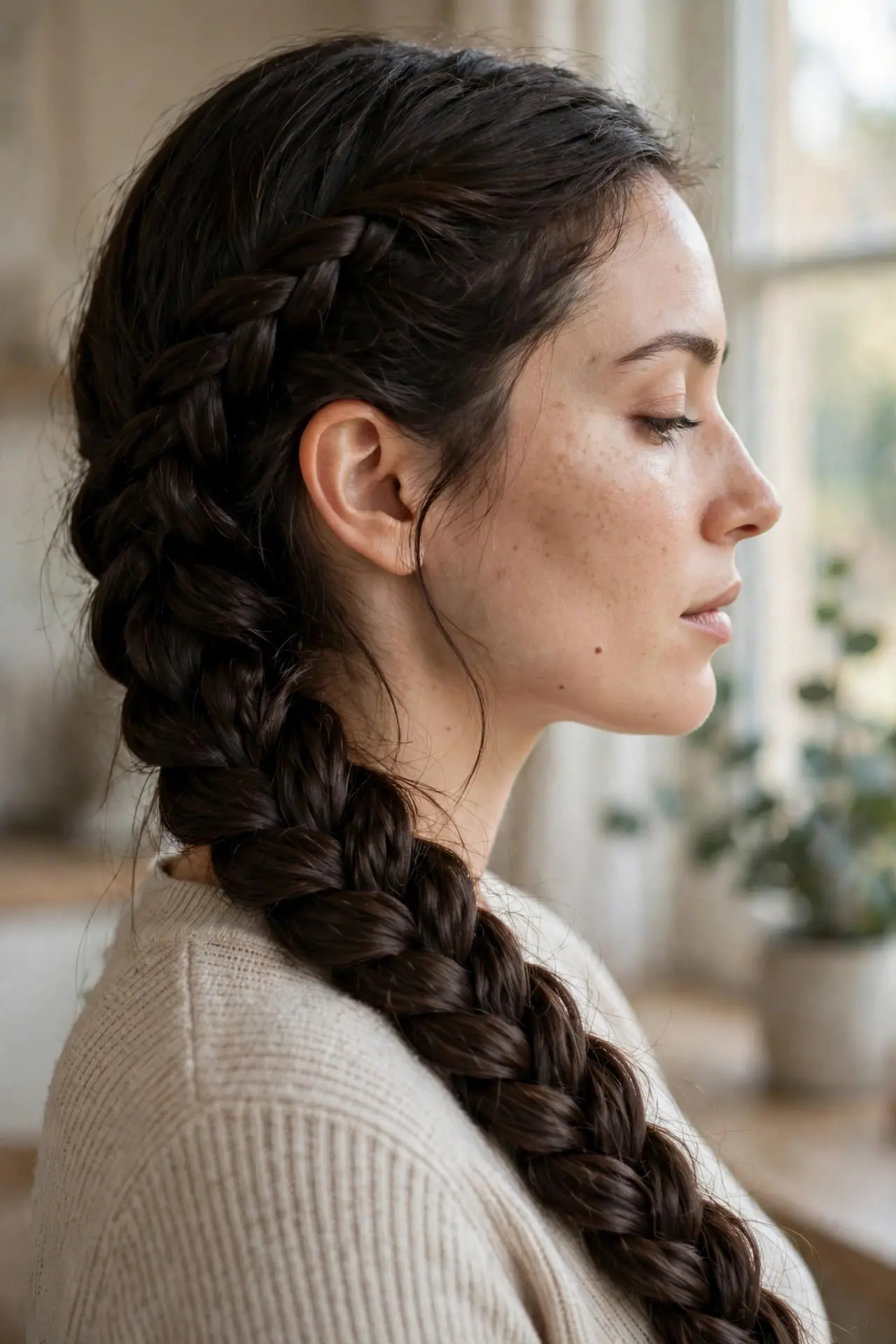 Side profile view of a French braid woven along one side and resting over the shoulder in dark brown hair