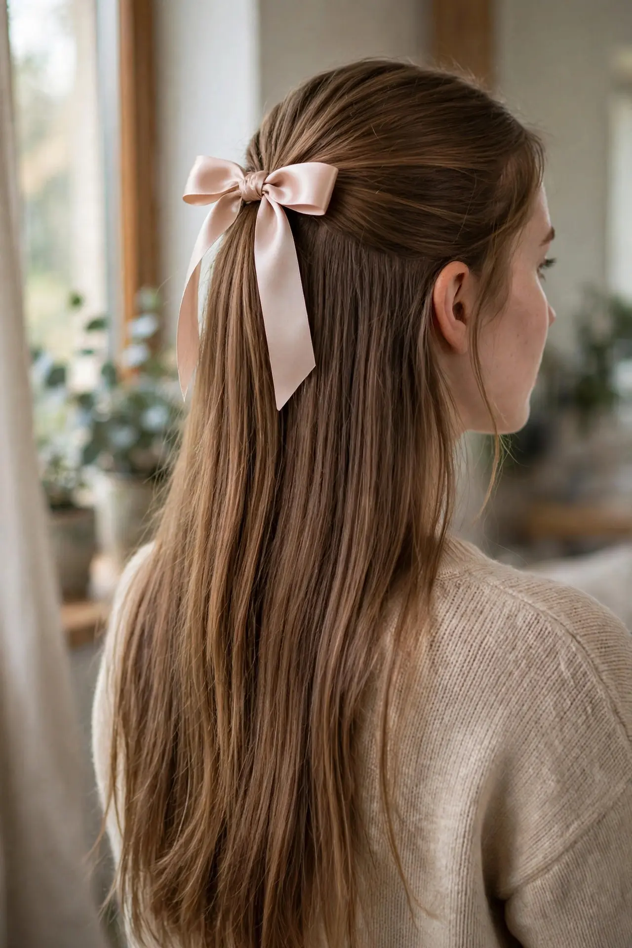 Back view of a half-up style tied with a blush satin ribbon bow and long straight light brown hair