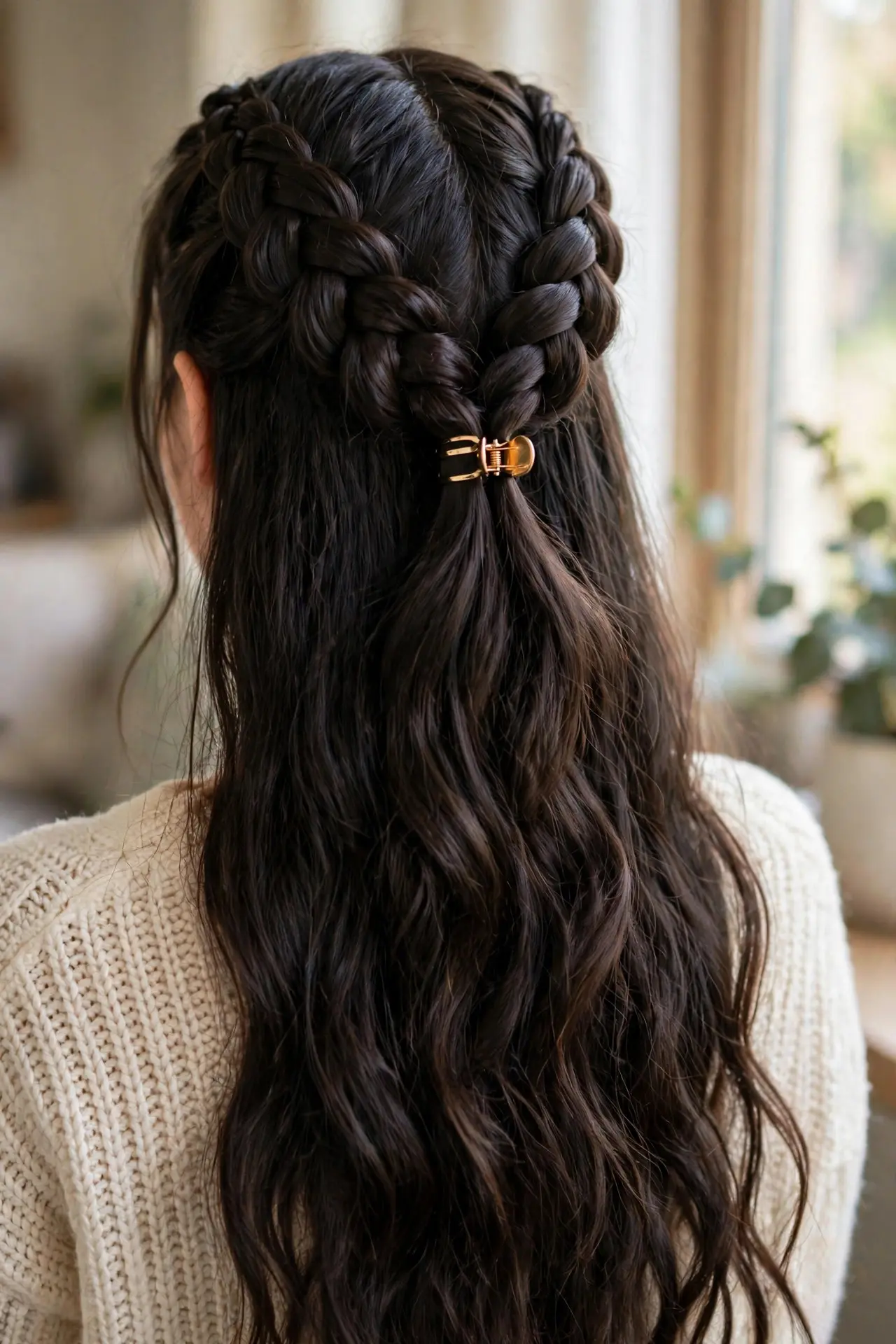 Back view of two chunky Dutch braids at the crown joined with a small clip and long dark hair left down