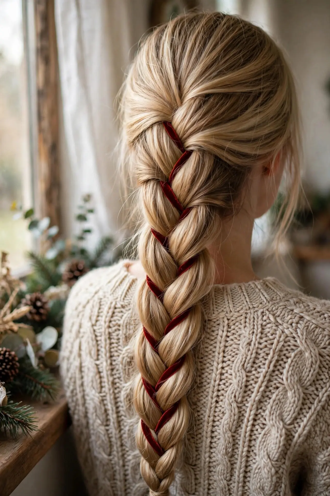 Back view of a long blonde braid with a deep red ribbon woven through it from top to bottom
