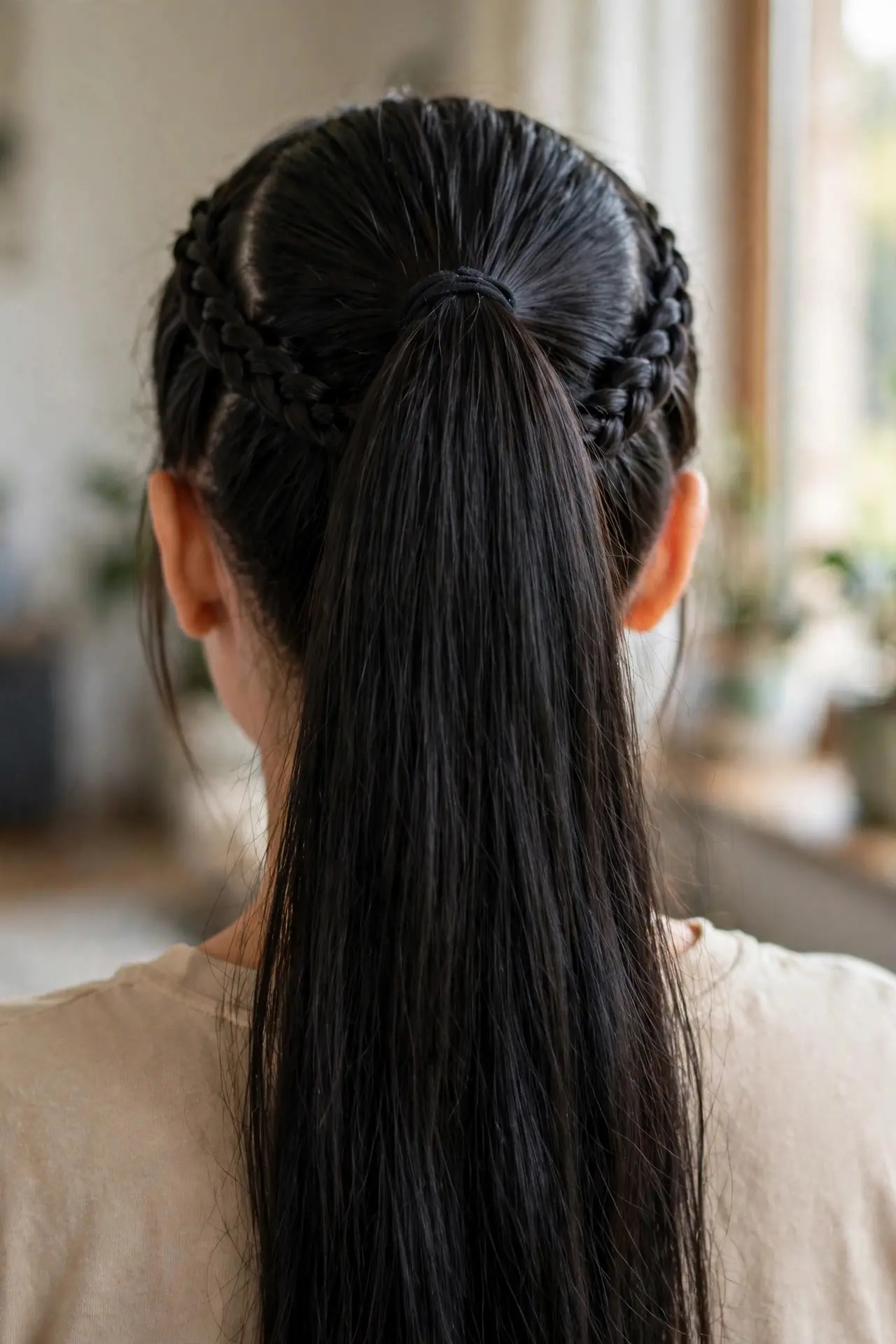 Back view of a high ponytail with two small braids along the sides feeding into it in long black hair