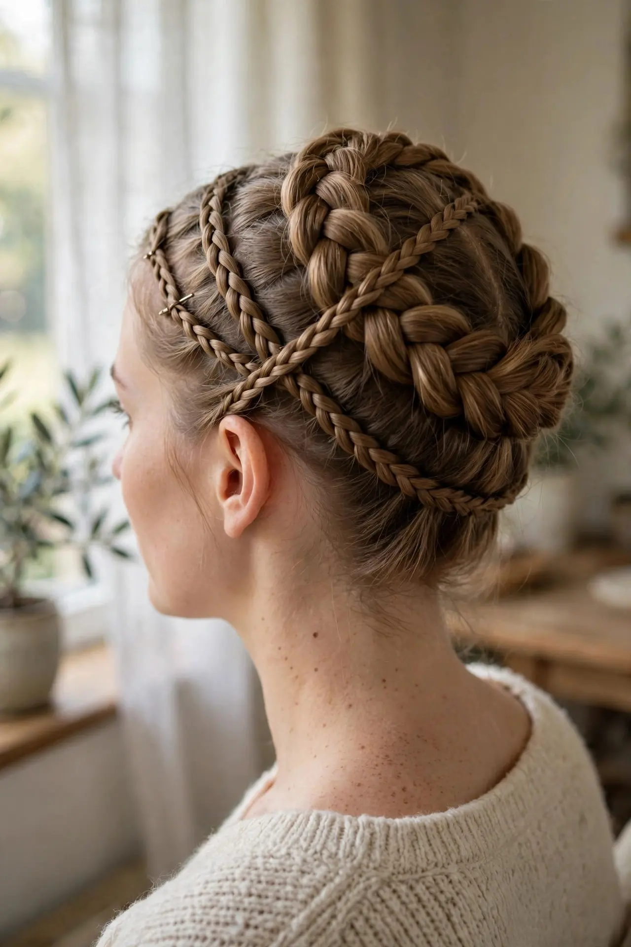 Side back view of a milkmaid braid crown with braids crossed over the top of the head in light brown hair