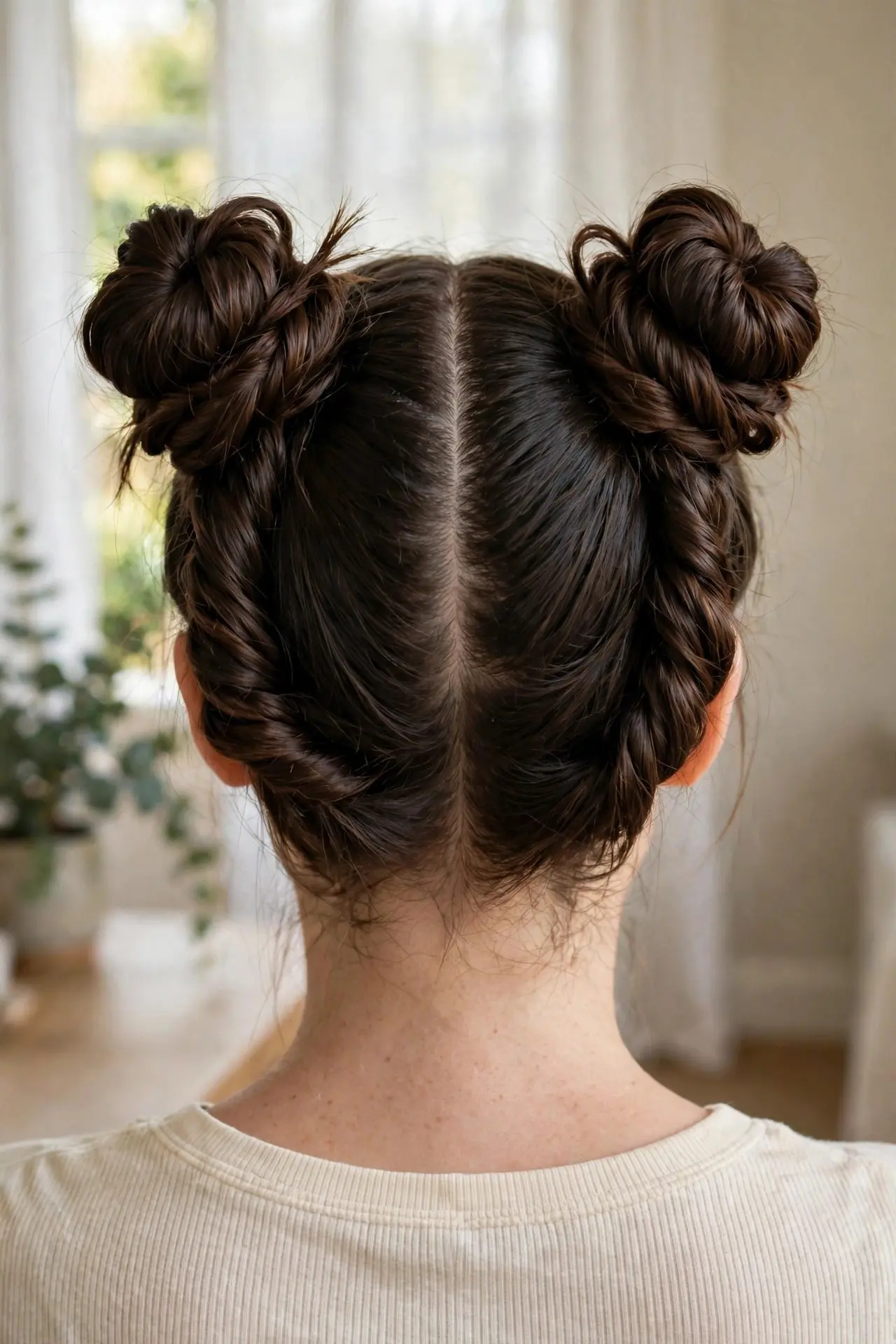 Back view of twisted space buns coiled on either side of a center part in dark brown hair