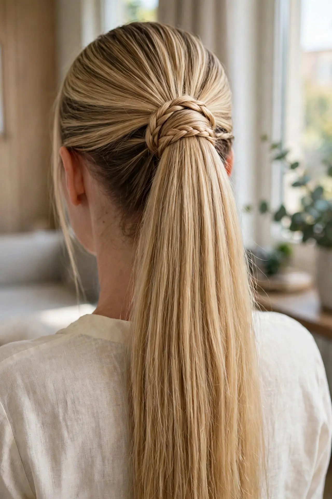 Back view of a long blonde ponytail with a thin braid wrapped around its base hiding the elastic