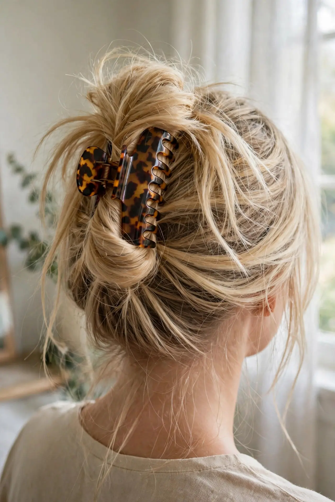Back view of a loose messy bun in long blonde hair held up with a large tortoiseshell claw clip