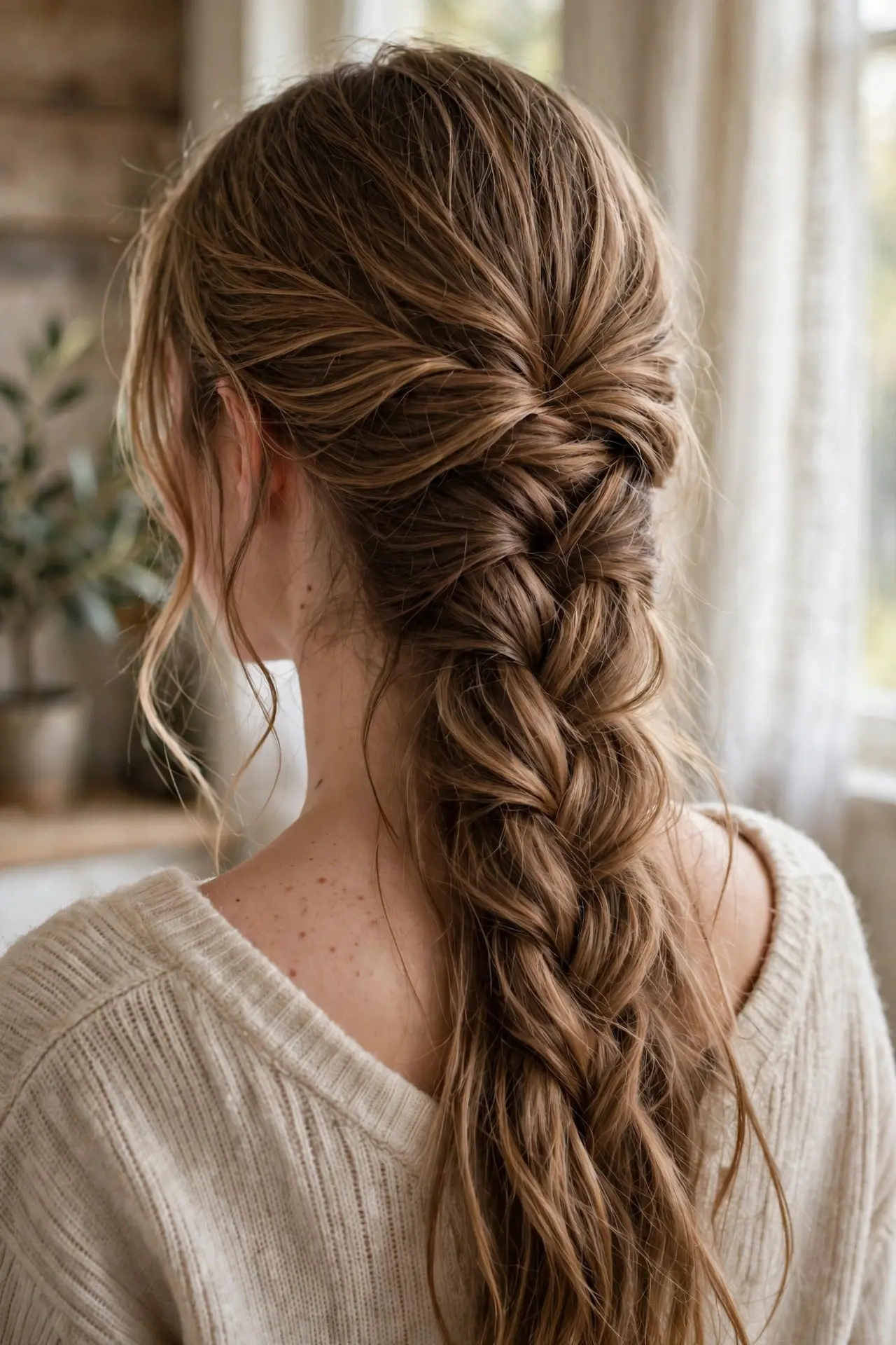 Back view of a loose relaxed French braid with soft texture and face-framing strands in light brown hair