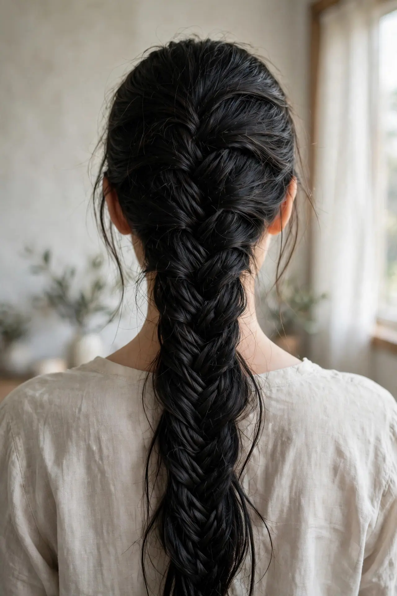 Back view of a detailed fishtail braid with a fine herringbone pattern in long black hair