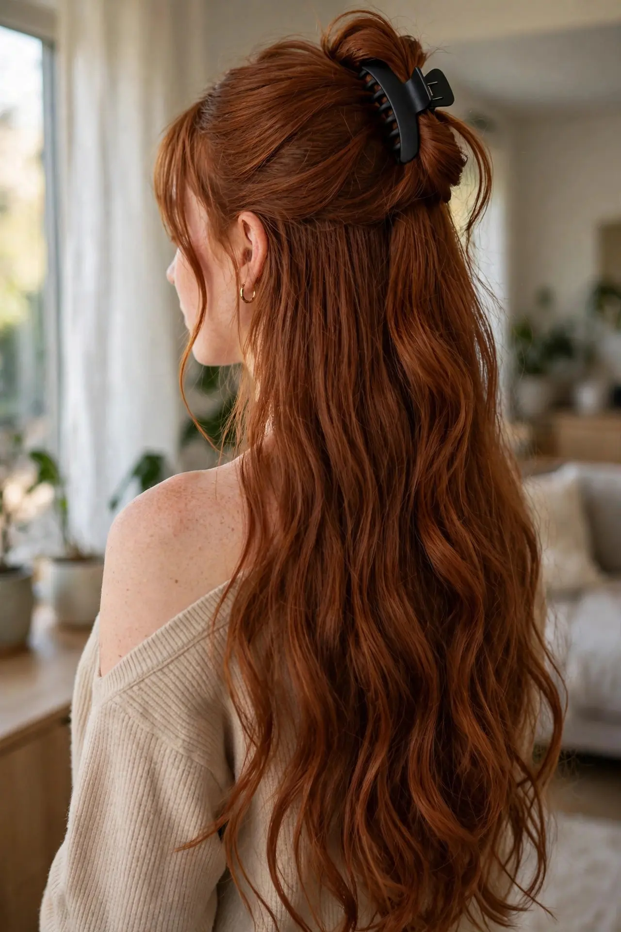 Side back view of a half-up style with the top section clipped up and long auburn hair falling in loose waves