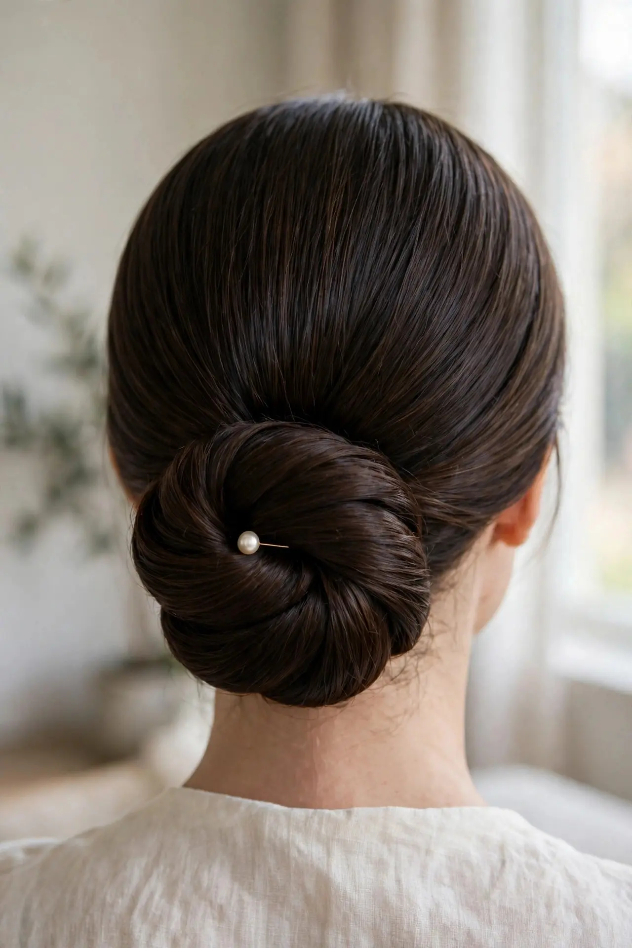 Back view of an elegant low chignon bun at the nape with a pearl pin in dark brunette hair