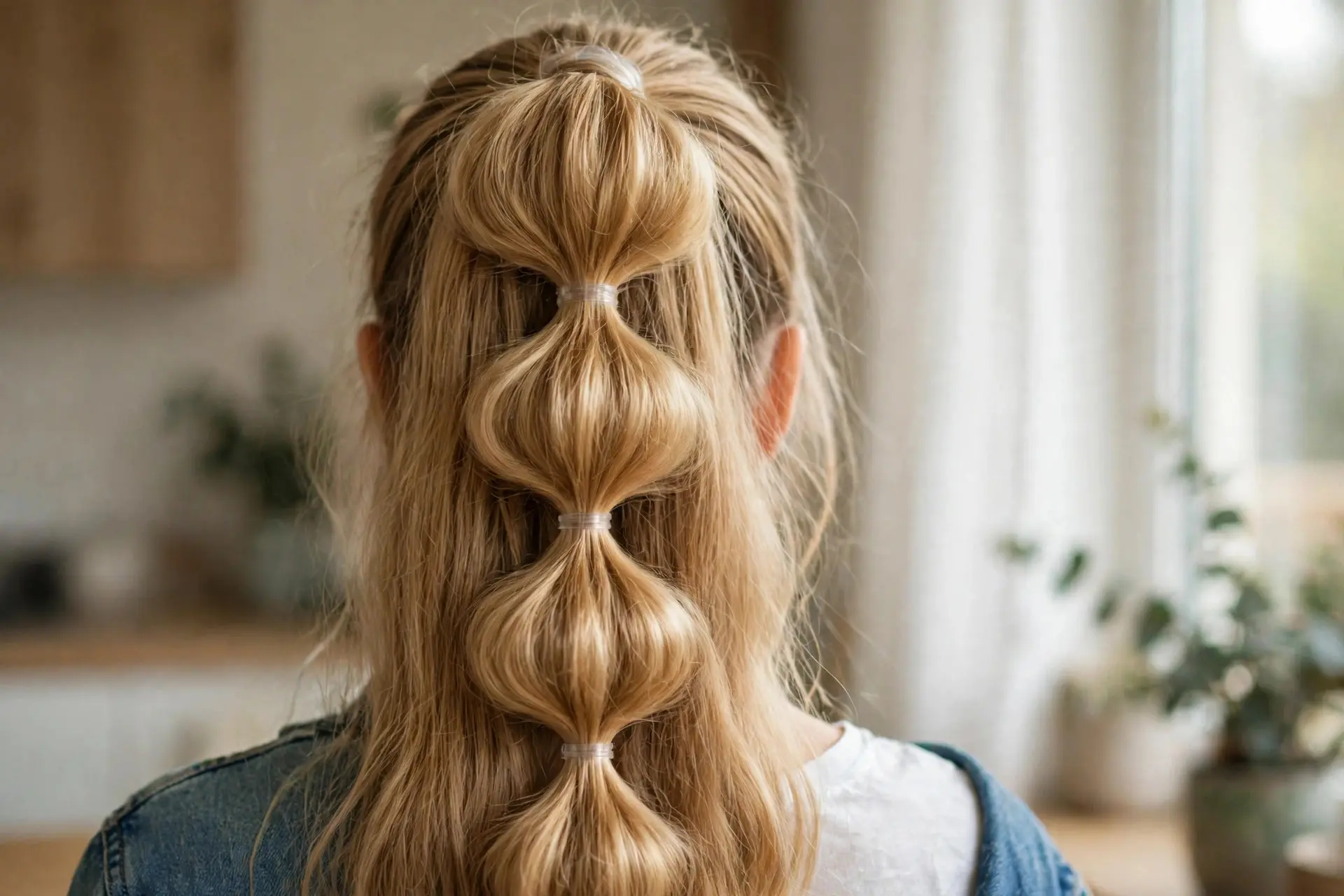 Back view of a bubble ponytail with puffed rounded sections in long honey blonde hair
