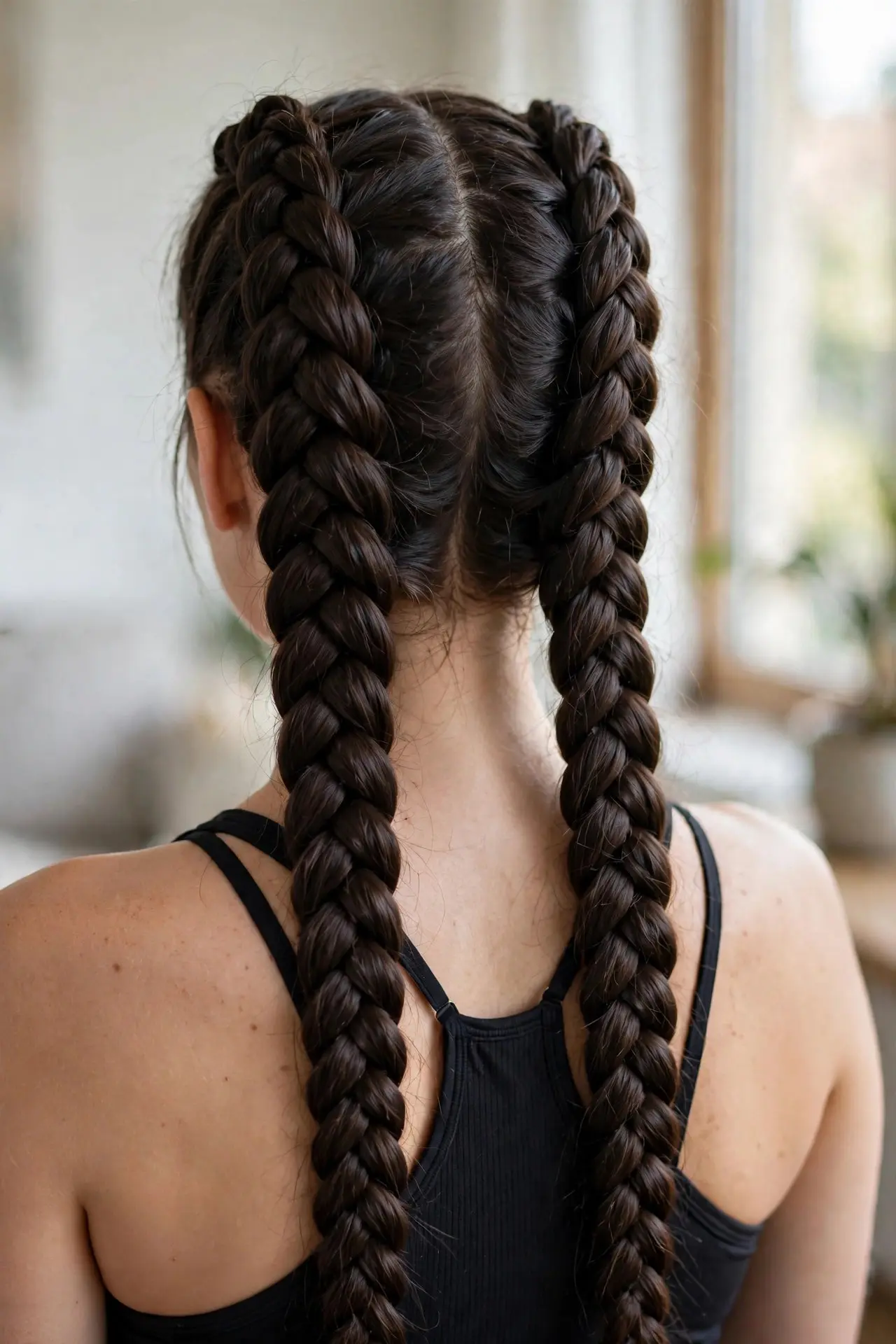 Back view of two raised Dutch braids running the full length of long dark brown hair