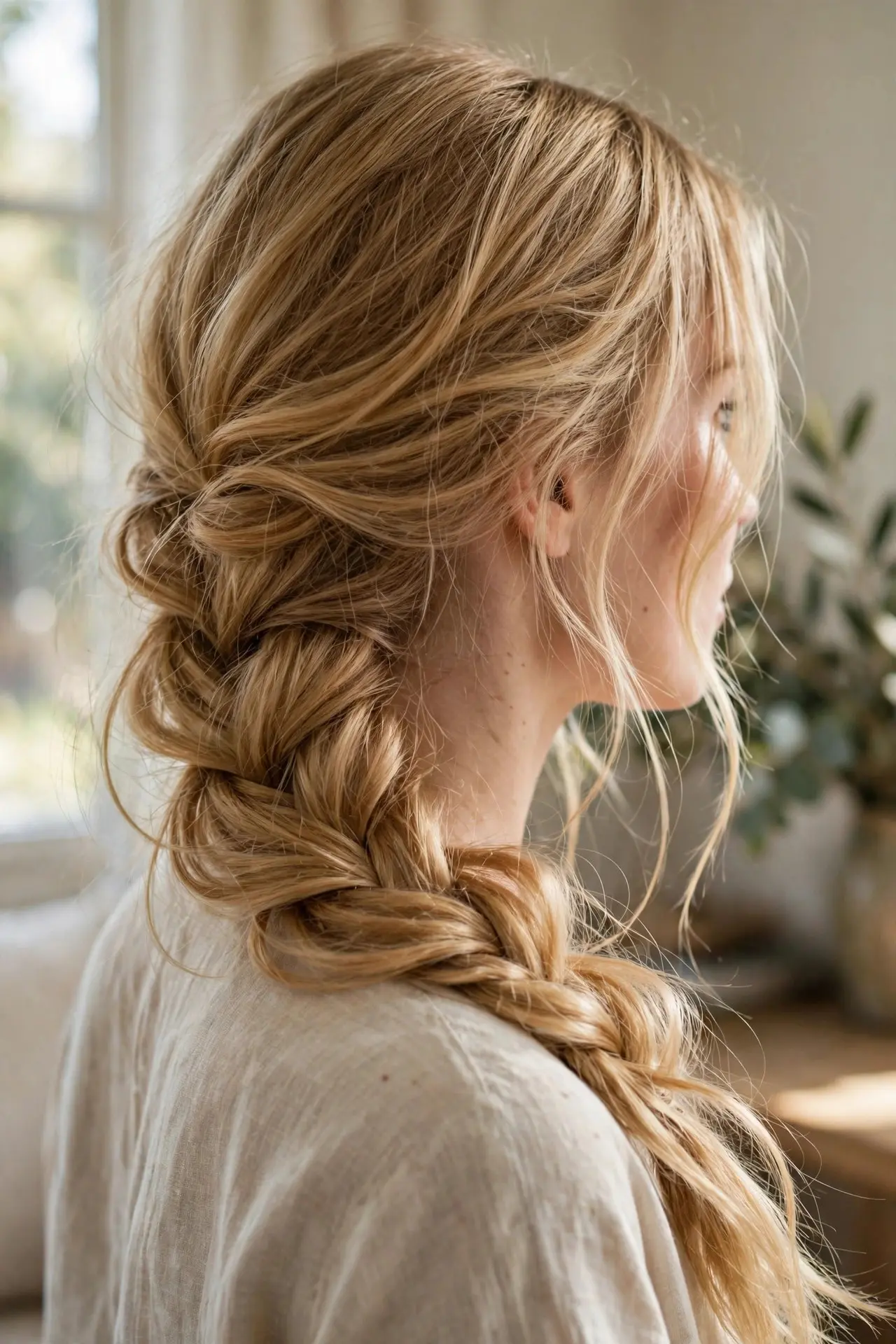Side view of a single loose braid swept over one shoulder in long golden blonde hair
