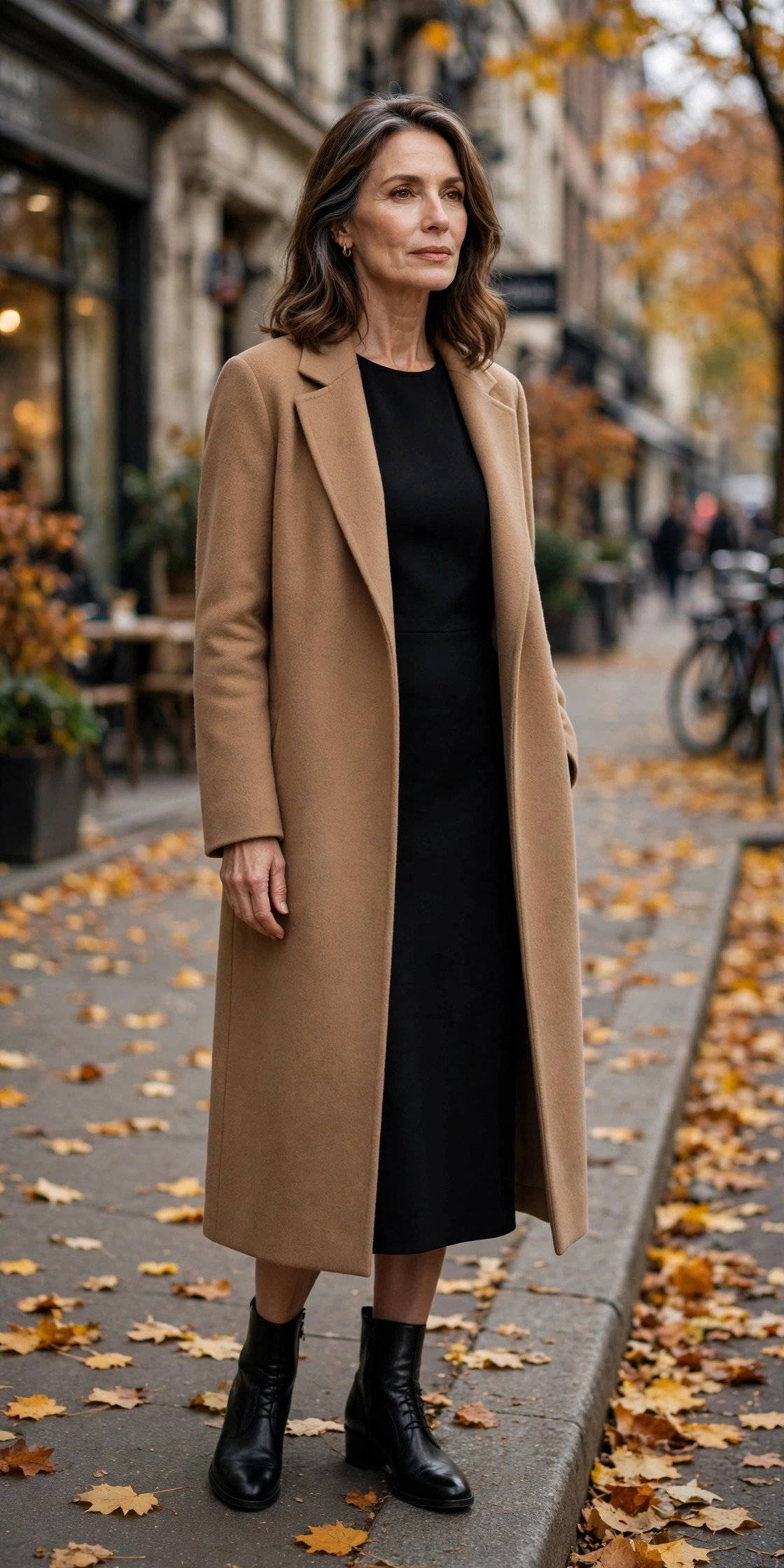 Woman over 50 in a black midi dress layered under a long camel wool coat