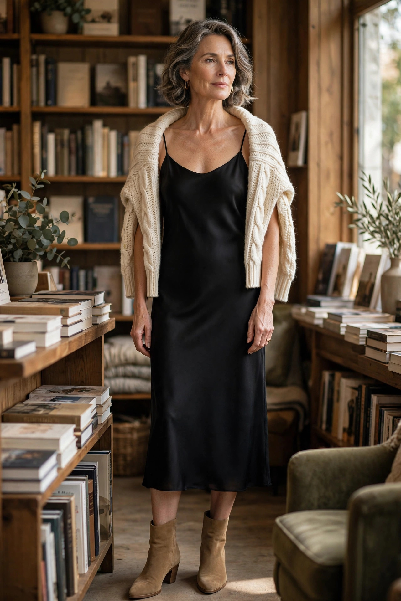 Woman over 50 in a black slip dress with an ivory knit sweater over her shoulders