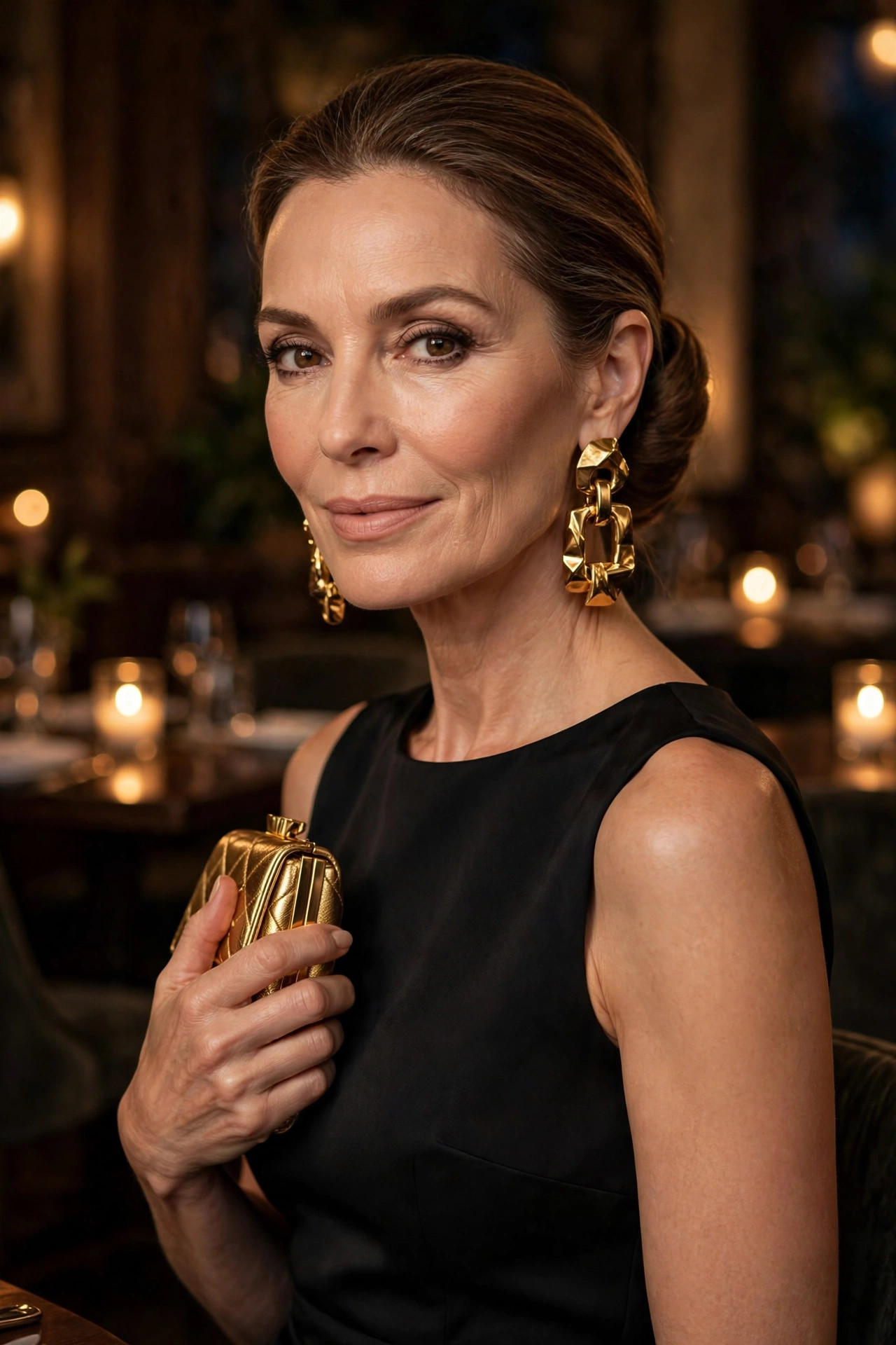 Woman over 50 in a black cocktail dress with gold statement earrings at an evening dinner