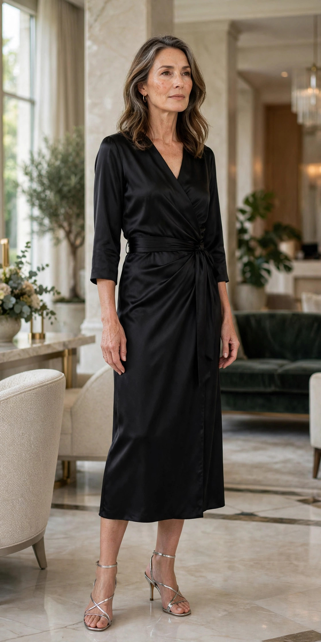Woman over 50 wearing a black satin wrap midi dress with strappy heels