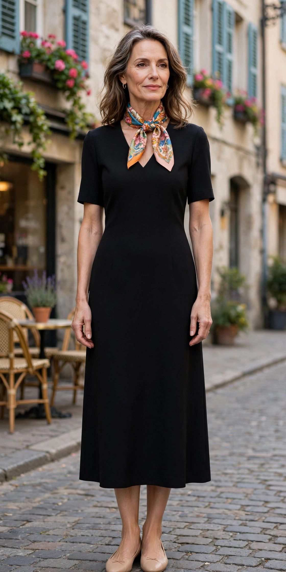 Woman over 50 wearing a black V-neck midi dress with a patterned silk scarf at the neck