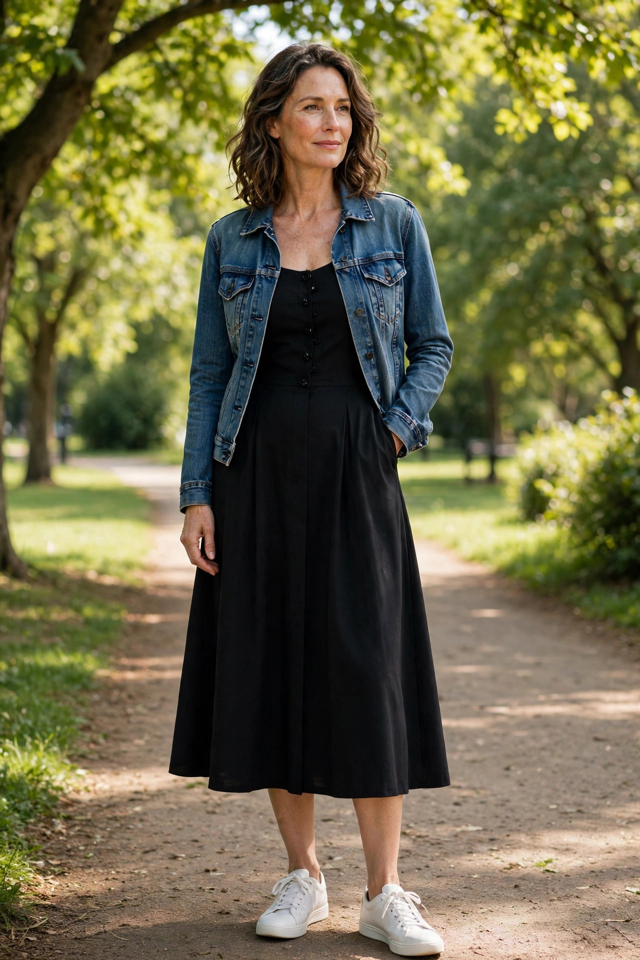 Woman over 50 in a black midi dress with a denim jacket and white sneakers