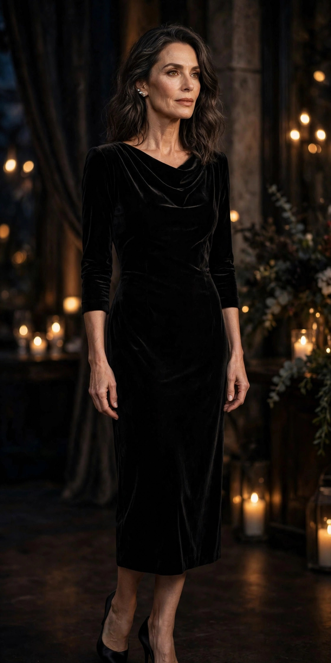 Woman over 50 wearing a black velvet midi dress with a draped neckline for evening