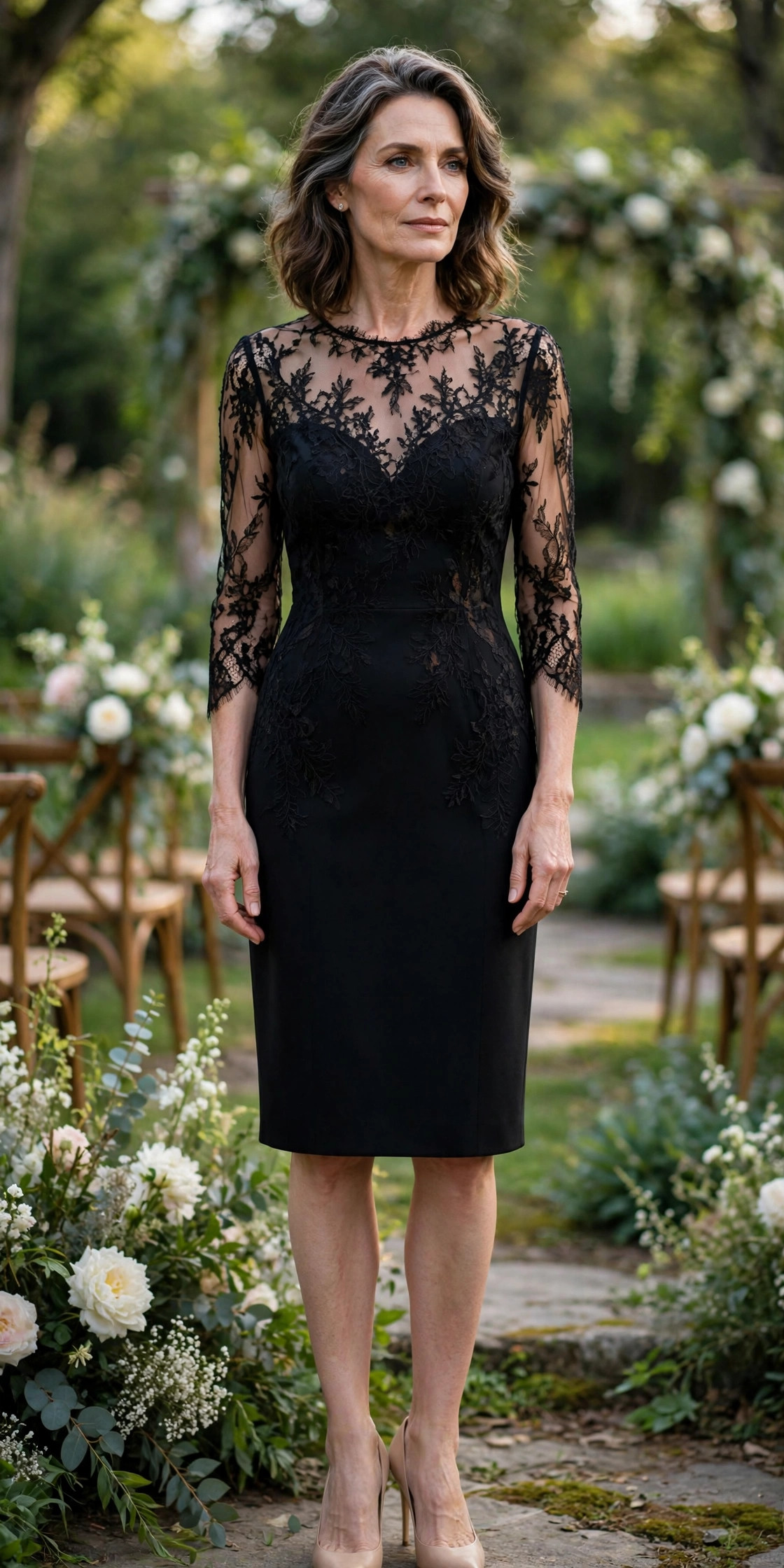 Woman over 50 in a black knee-length dress with an elegant black lace overlay