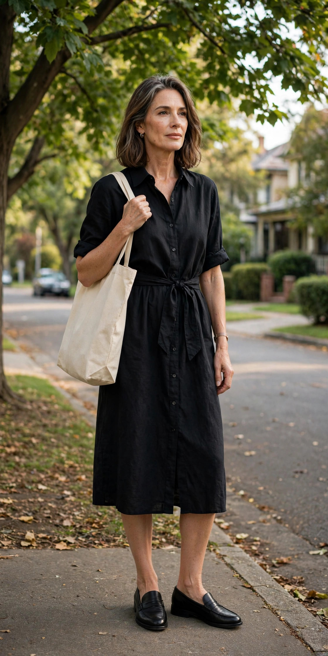 Woman over 50 wearing a black shirt dress with a waist tie and black loafers