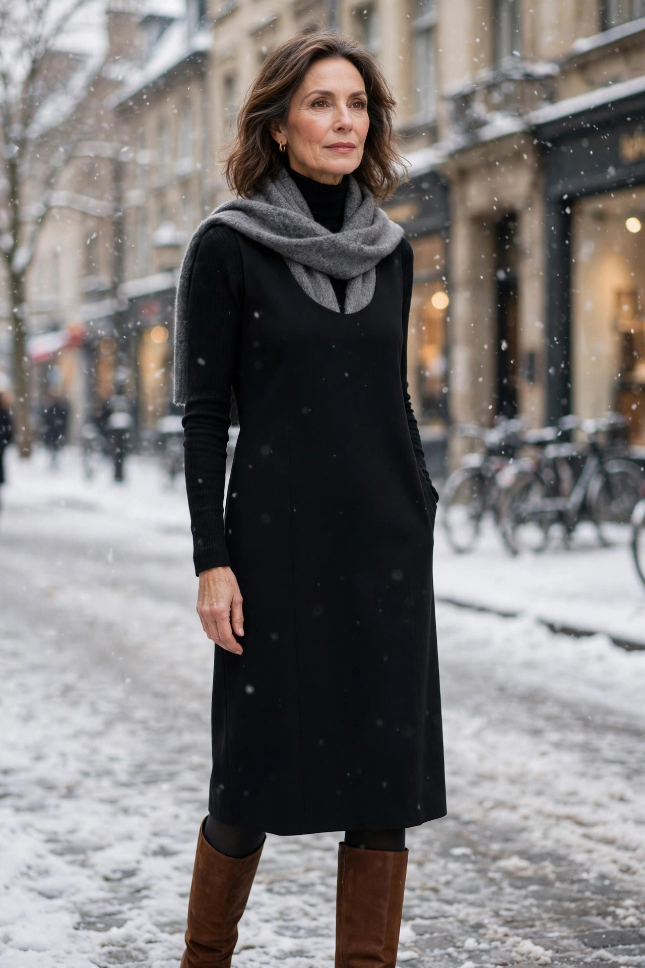 Woman over 50 layering a black turtleneck under a sleeveless black midi dress in winter