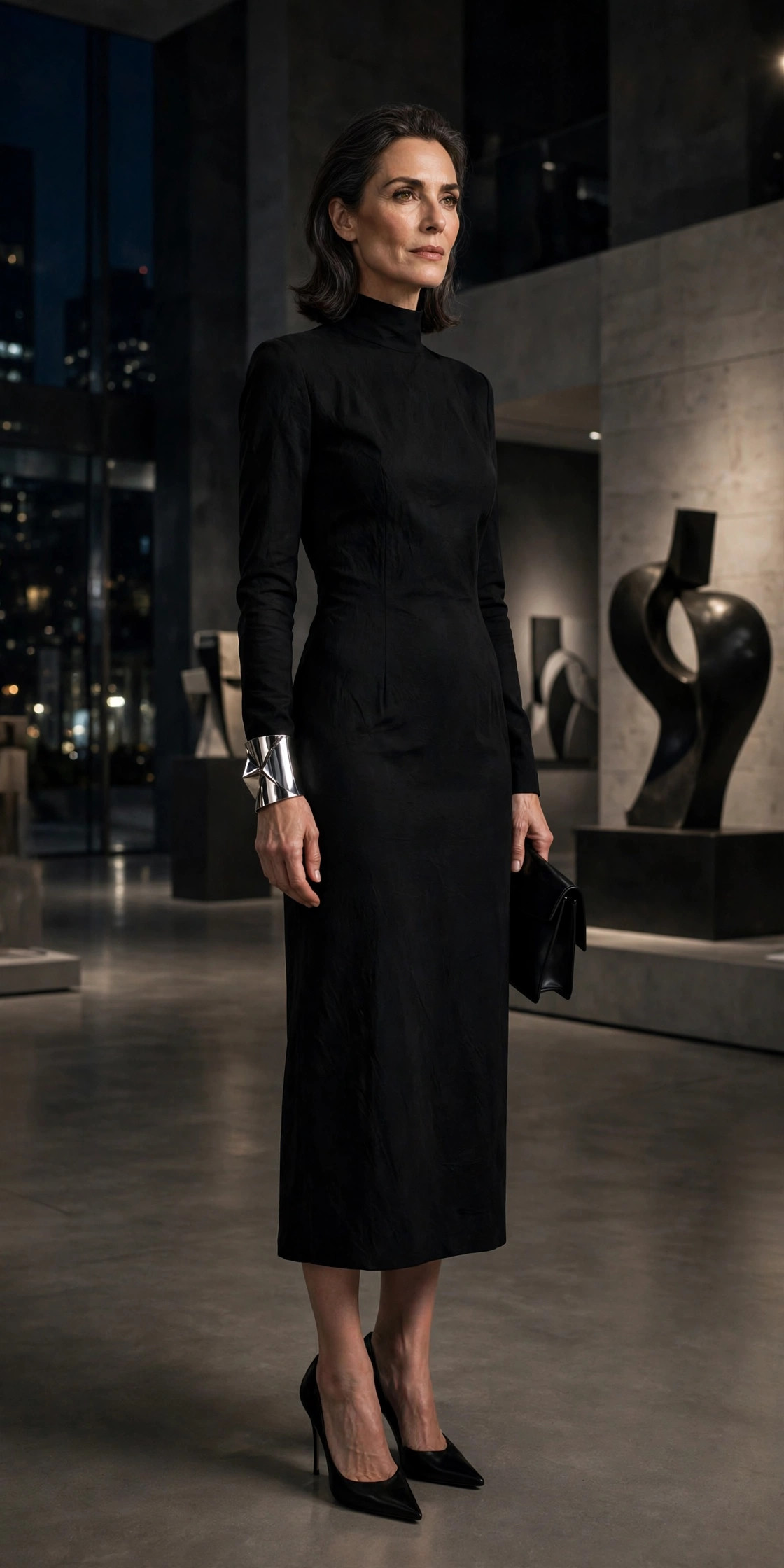Woman over 50 in a monochrome black column dress with stilettos and a silver cuff