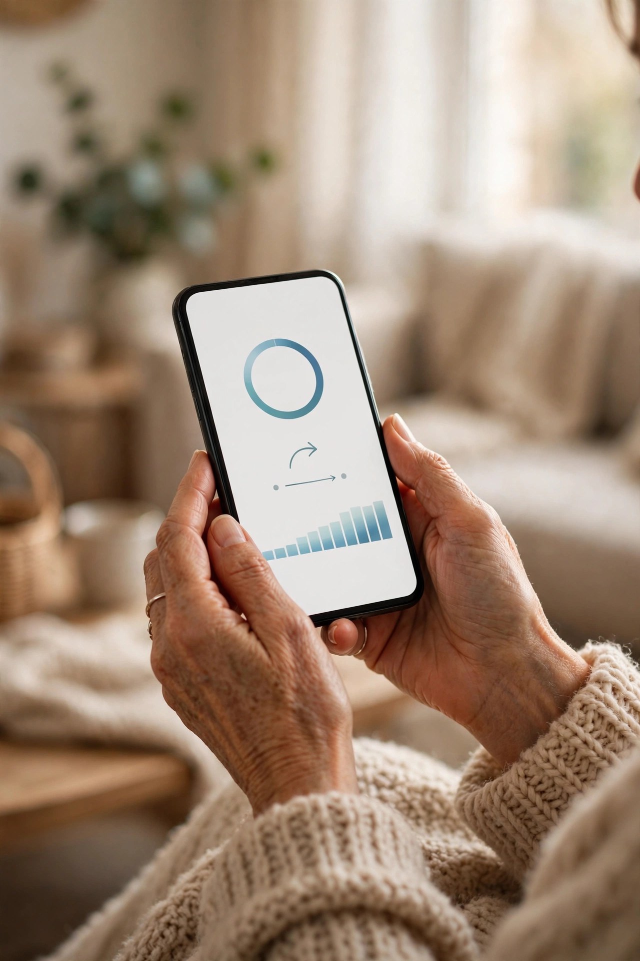 Hands of a woman in her 60s holding a smartphone making a savings transfer at home