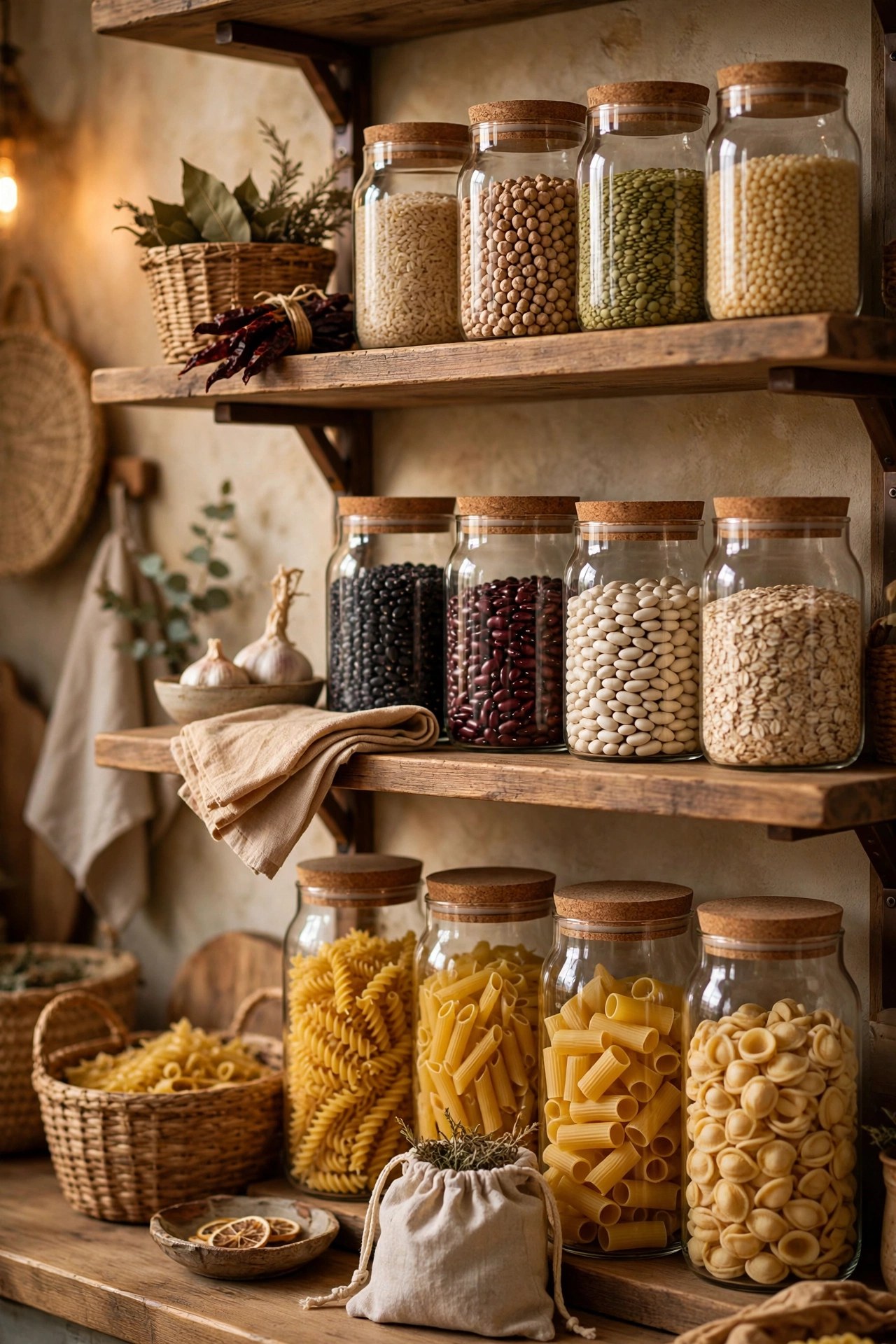 Neatly organized pantry shelves with glass jars of grains, beans and pasta in warm kitchen light