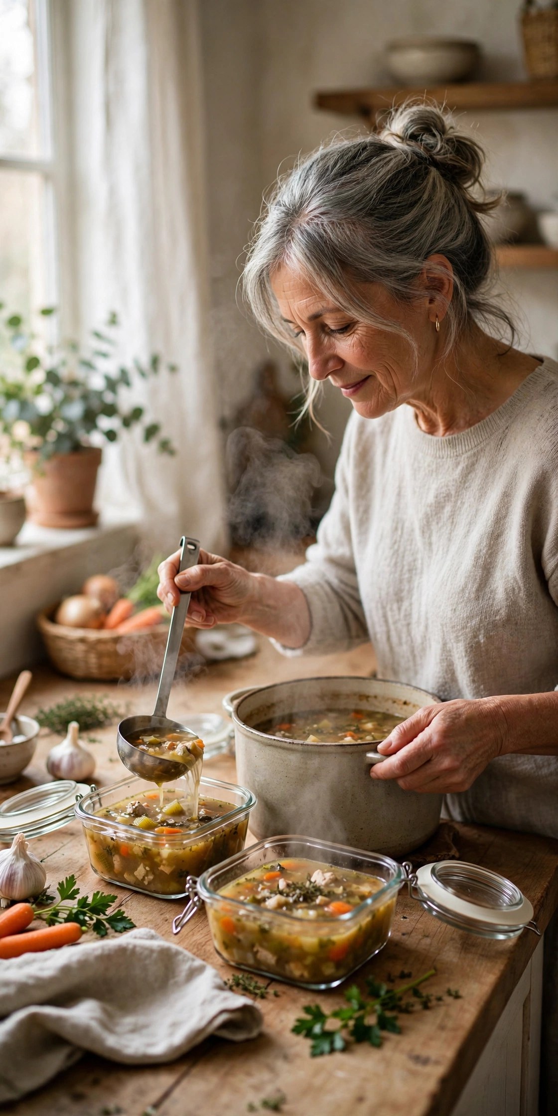 Woman in her 60s portioning homemade soup into glass meal-prep containers on a wooden counter
