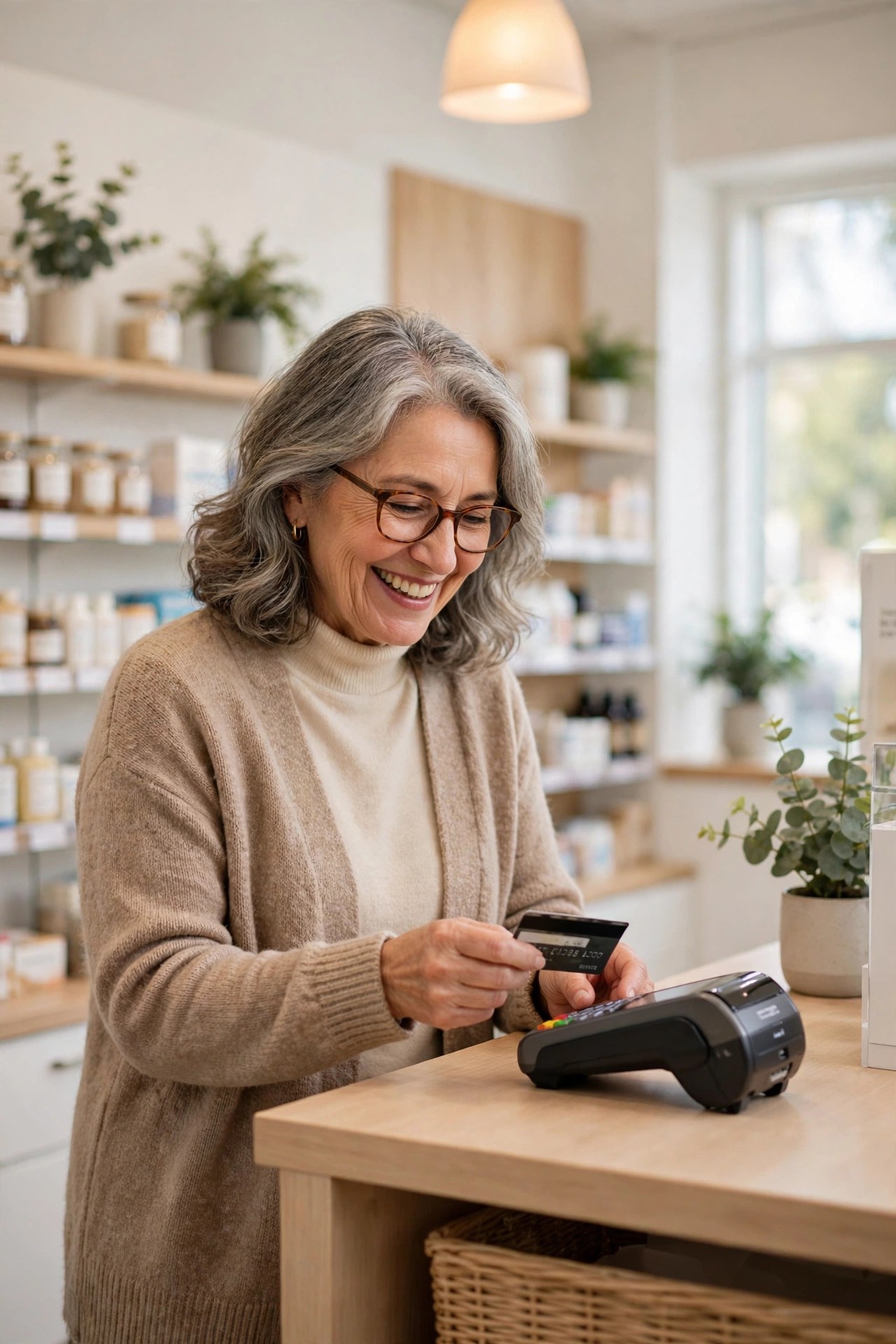 Smiling woman in her 60s paying at a friendly pharmacy counter