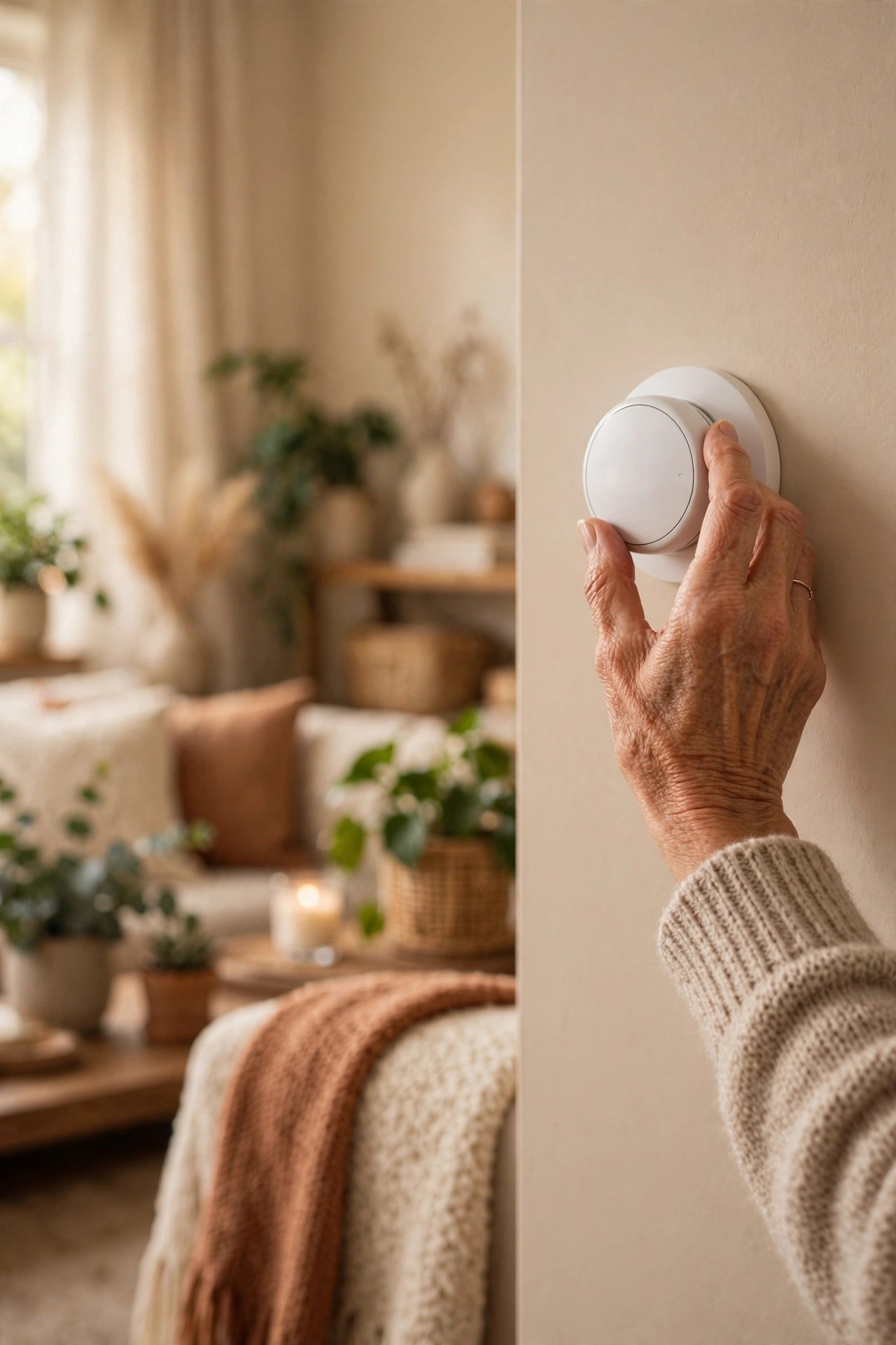 Hand of a woman in her 60s adjusting a modern thermostat on a home wall