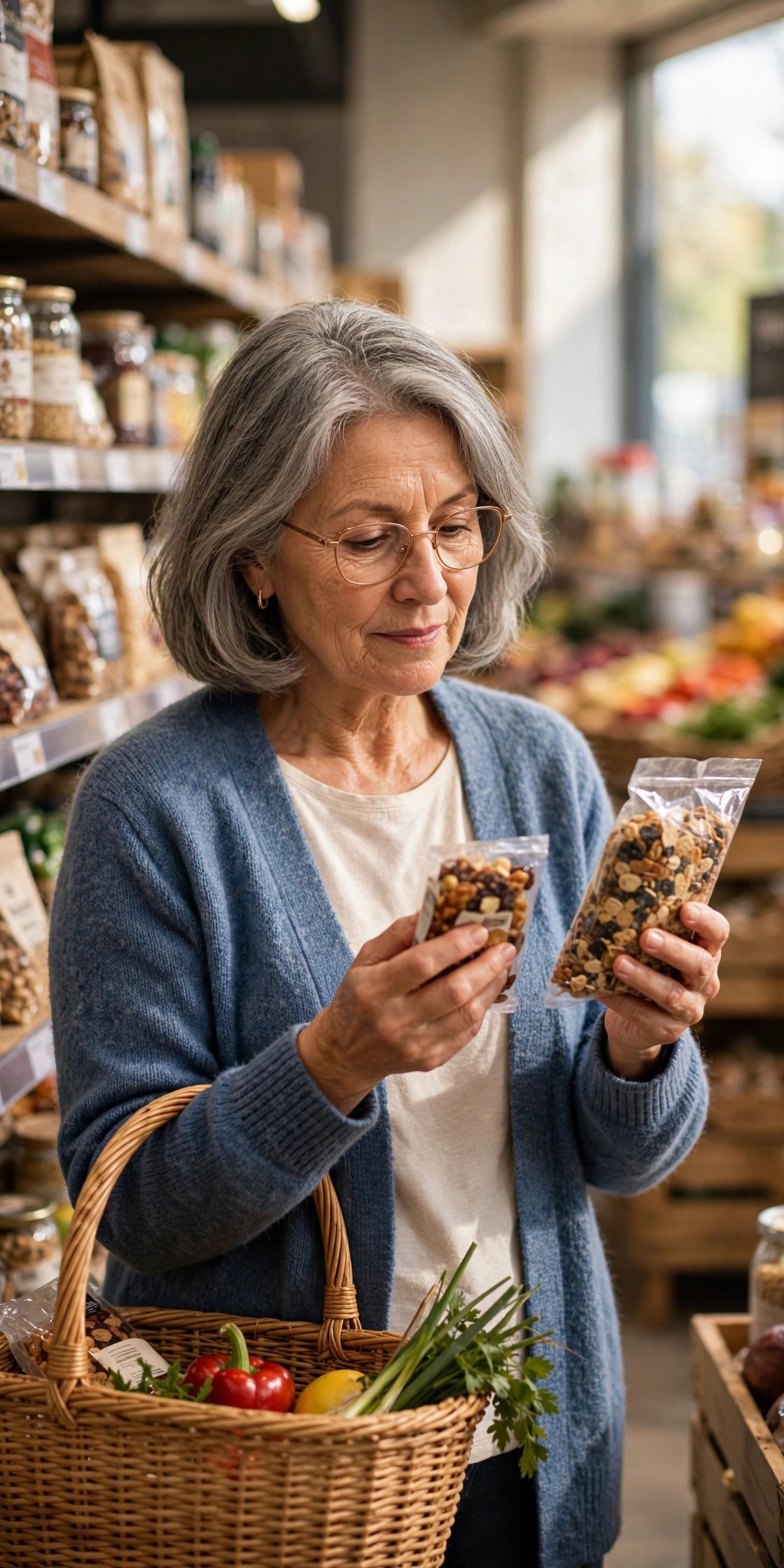 Woman in her 60s comparing two grocery items in a supermarket aisle