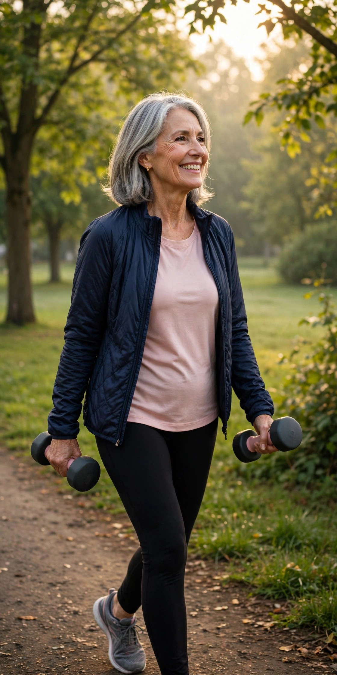 Active woman in her 60s walking with light hand weights in a green park in morning light