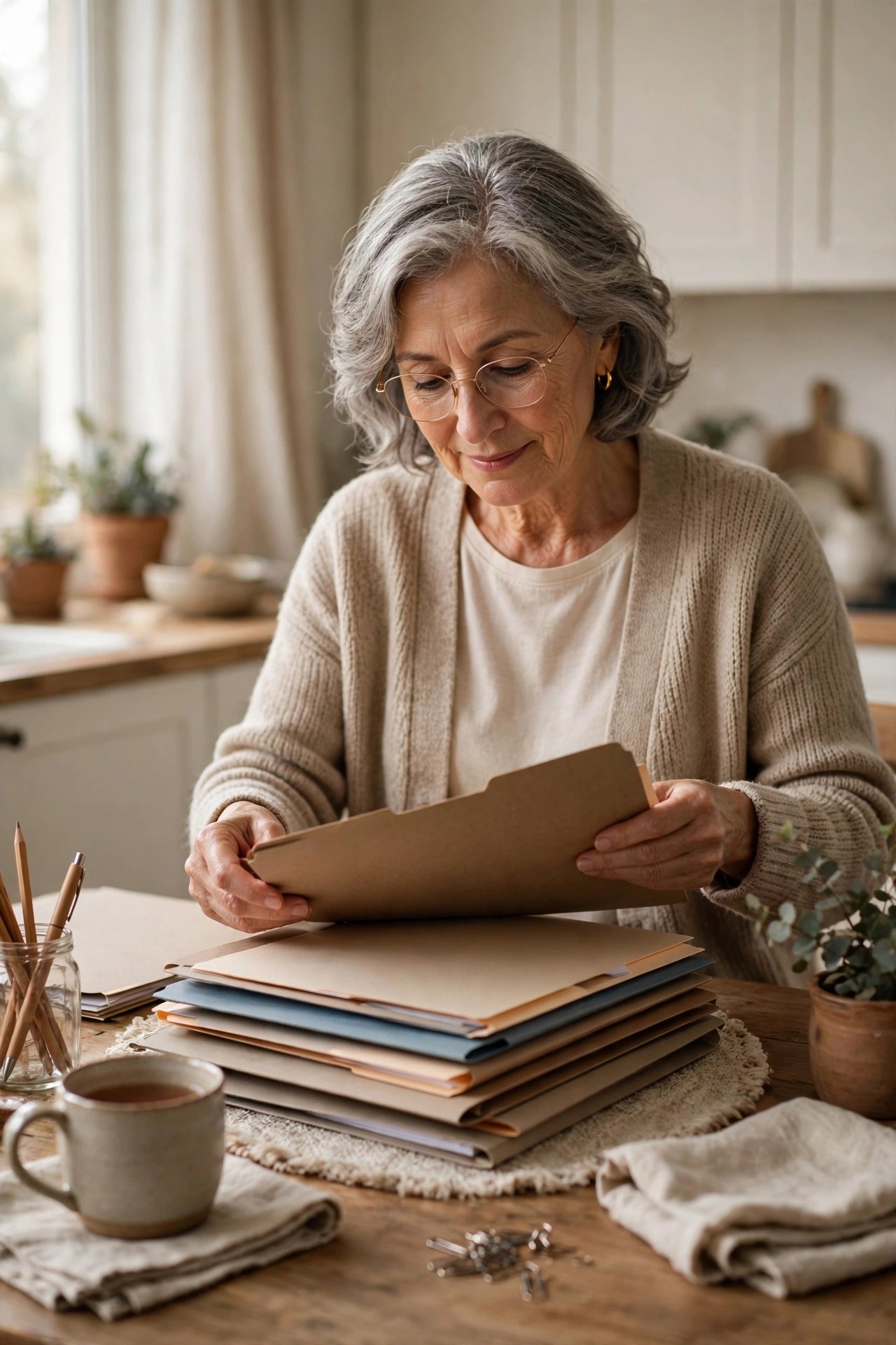 Woman in her 60s organizing Medicare paperwork folders at a kitchen table