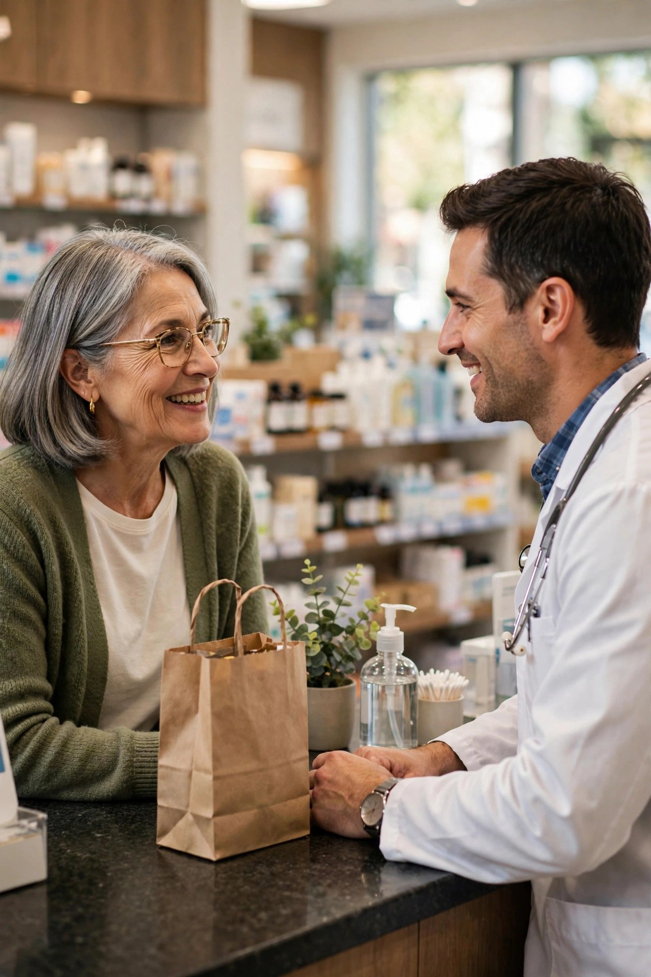 Woman in her 60s talking with a friendly pharmacist at a pharmacy counter