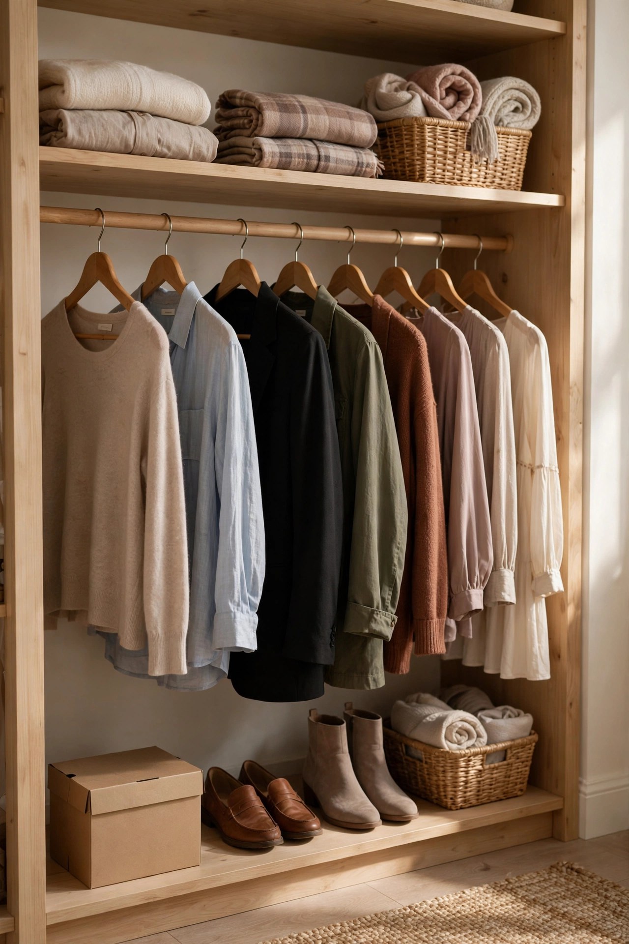 Tidy closet of a woman in her 60s with neatly hung clothes and a small donation box