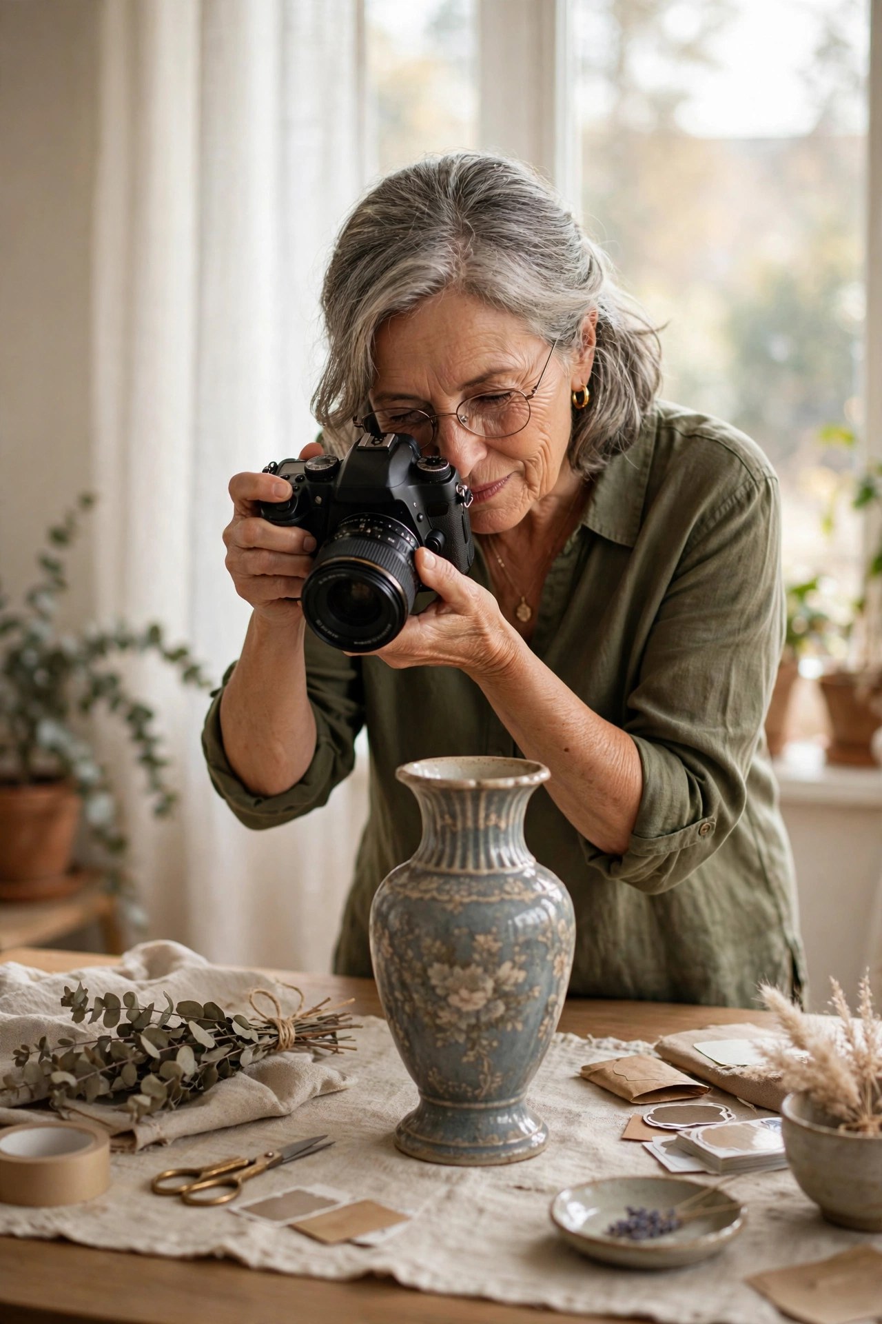 Woman in her 60s photographing a vintage vase to sell online by a bright window