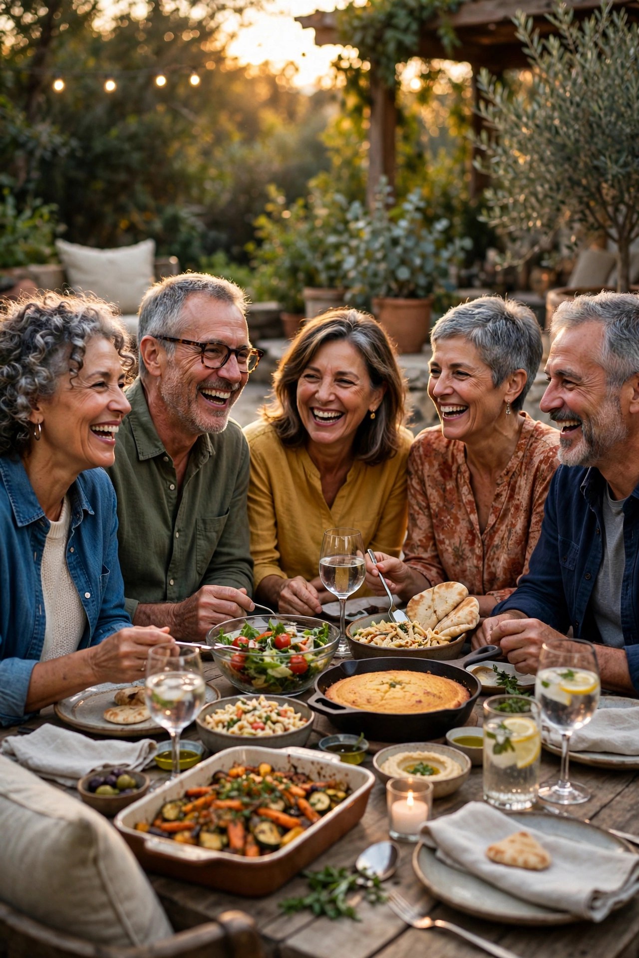 Group of friends in their 60s sharing a potluck dinner around a patio table at golden hour