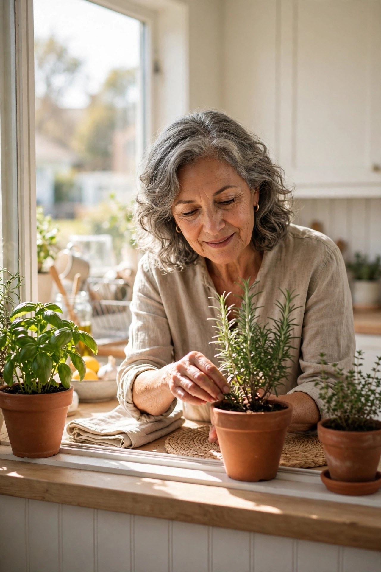 Woman in her 60s tending potted basil and rosemary on a sunny windowsill