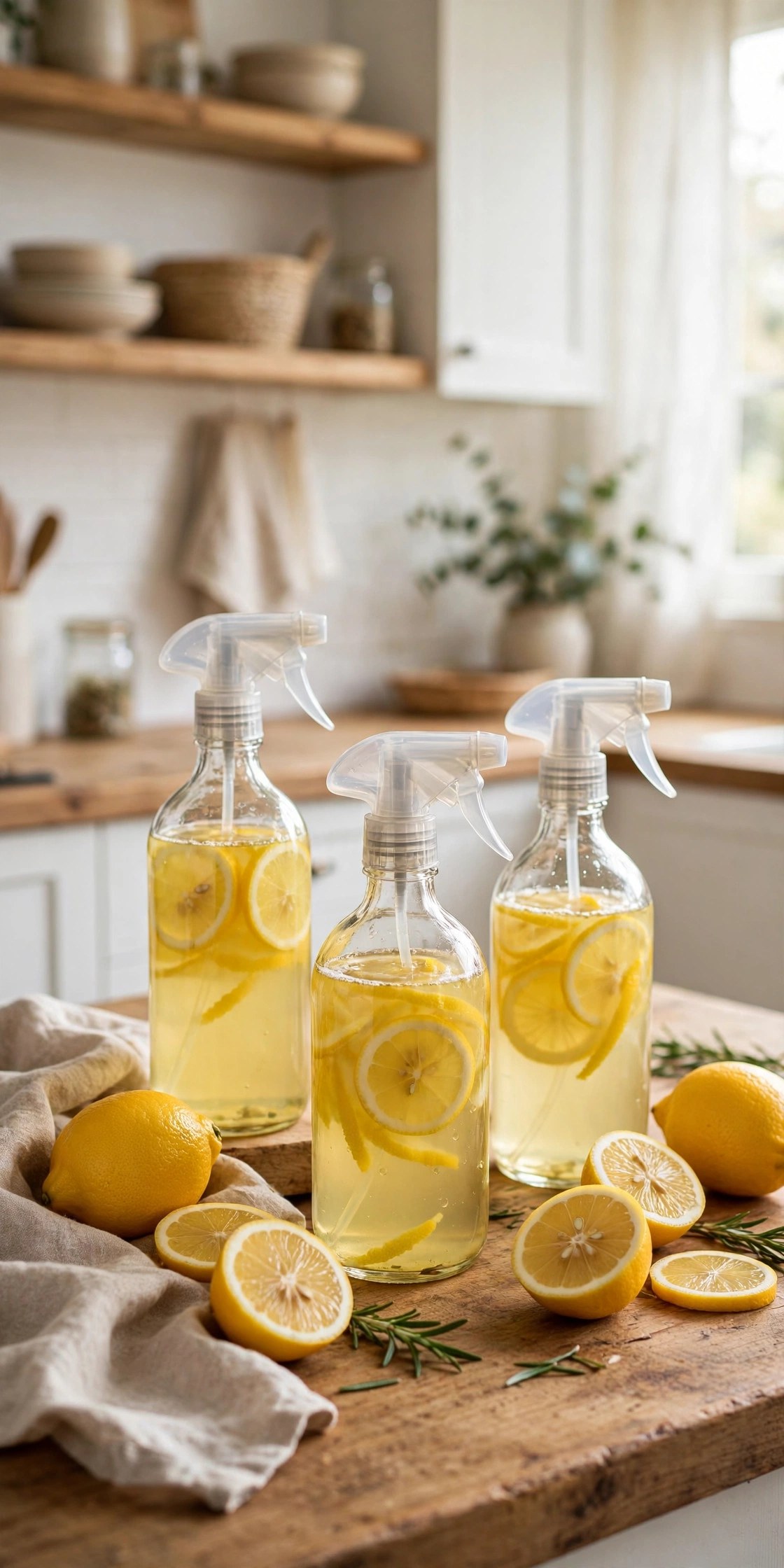 Glass spray bottles of homemade lemon and vinegar cleaner with fresh lemons on a wooden counter