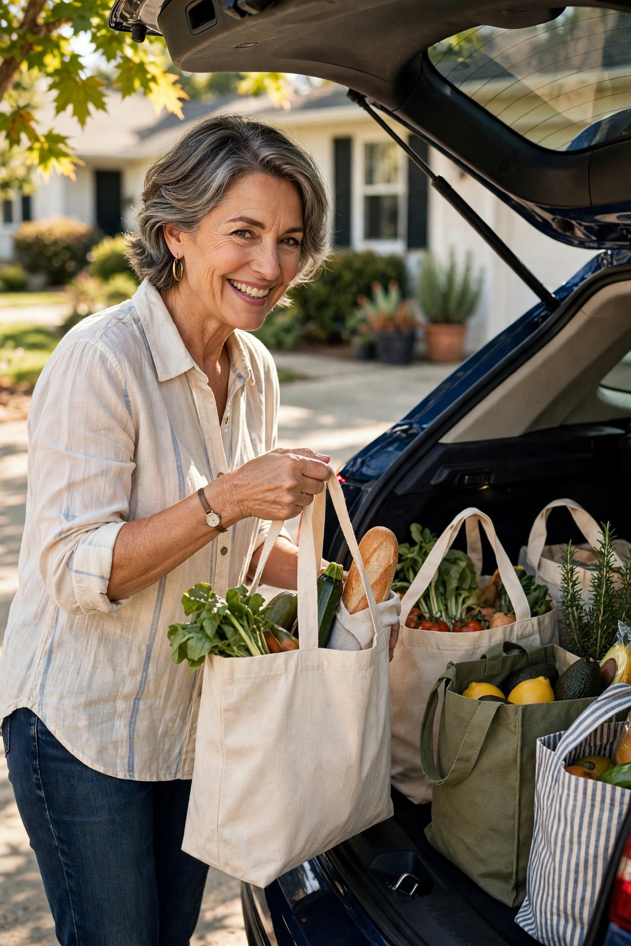 Woman in her 60s loading reusable shopping bags into a car trunk in daylight