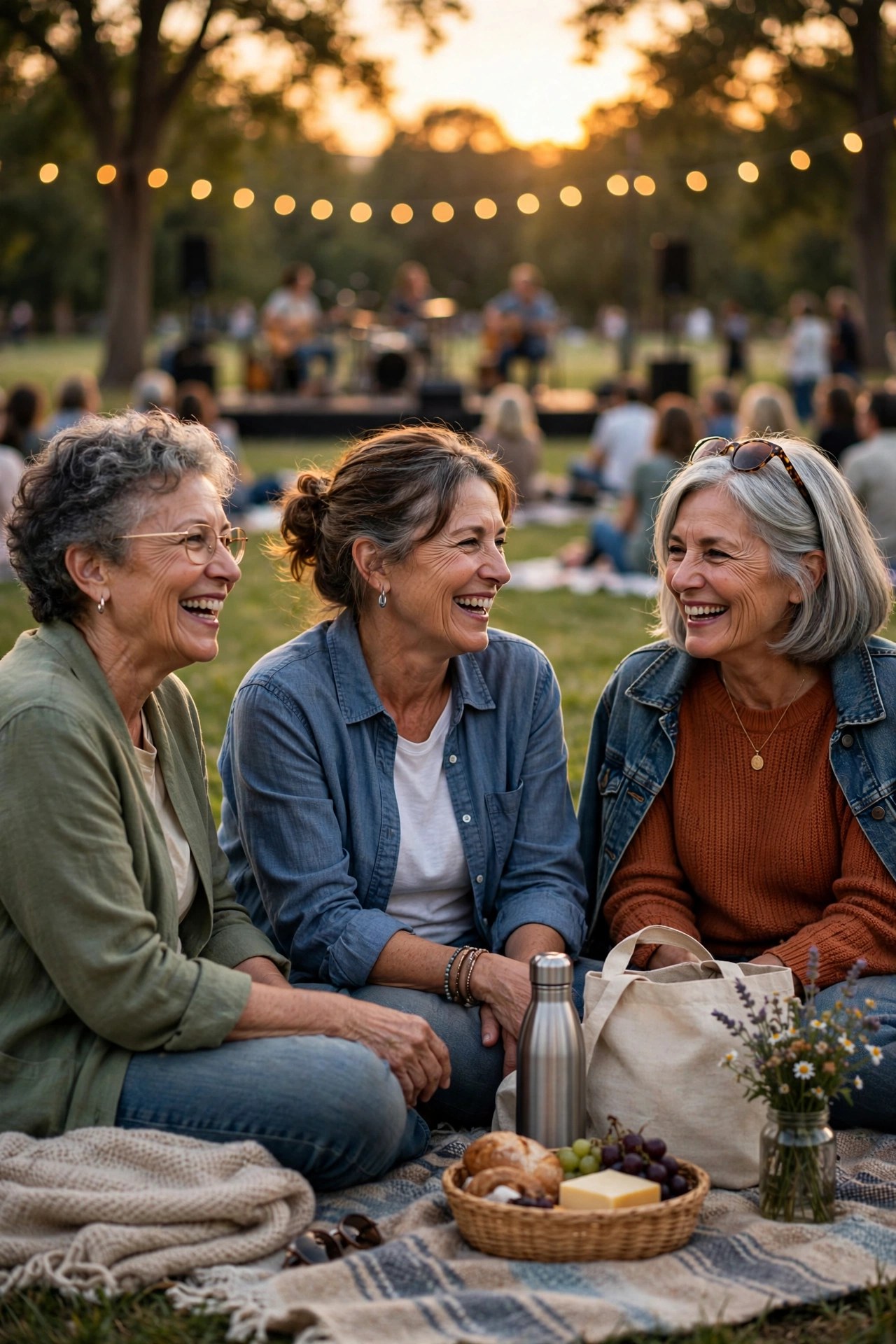 Women in their 60s enjoying a free outdoor community concert on blankets in a park at sunset