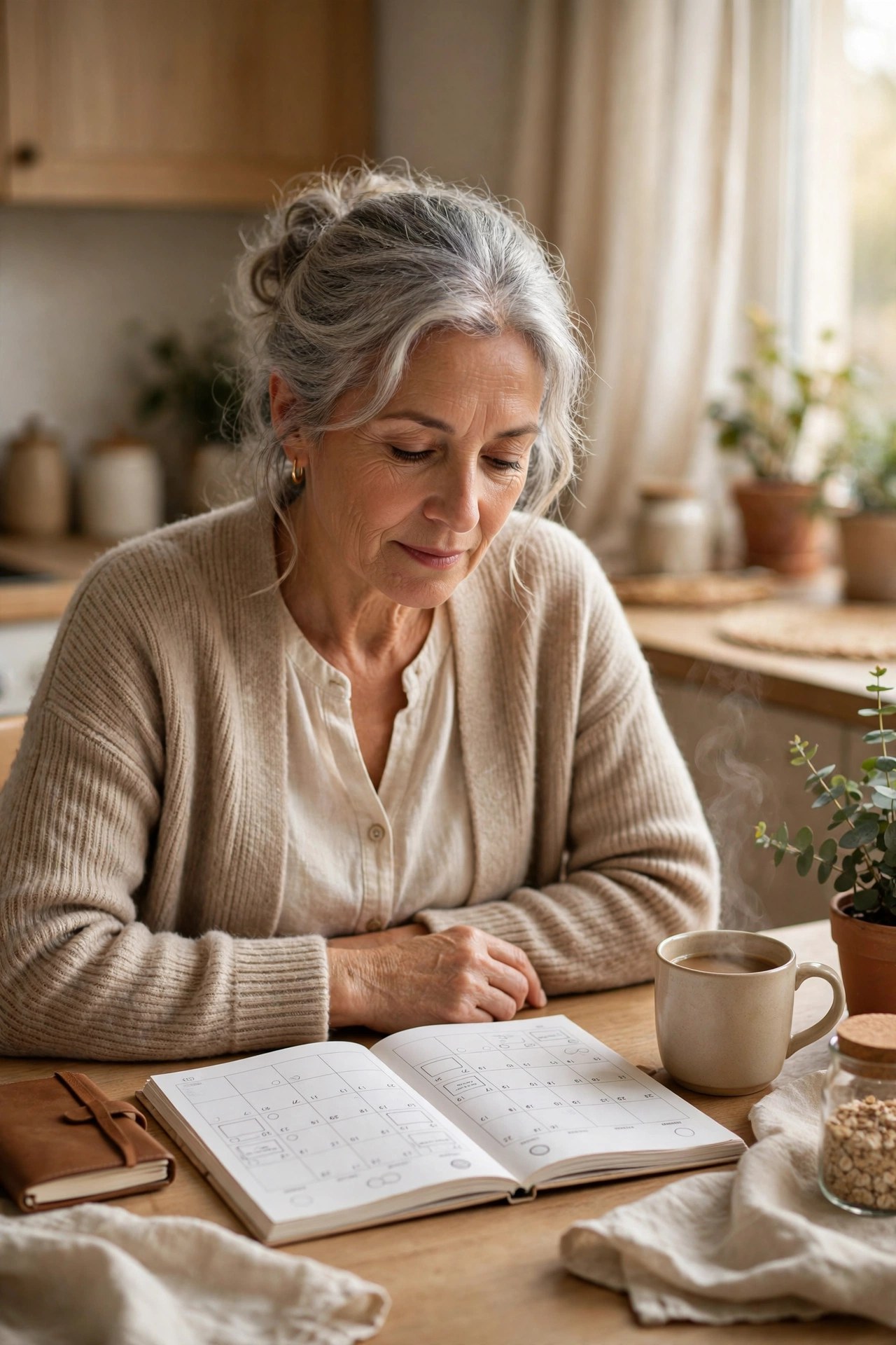 Woman in her 60s with coffee and a notebook reviewing a budget calendar at a kitchen table